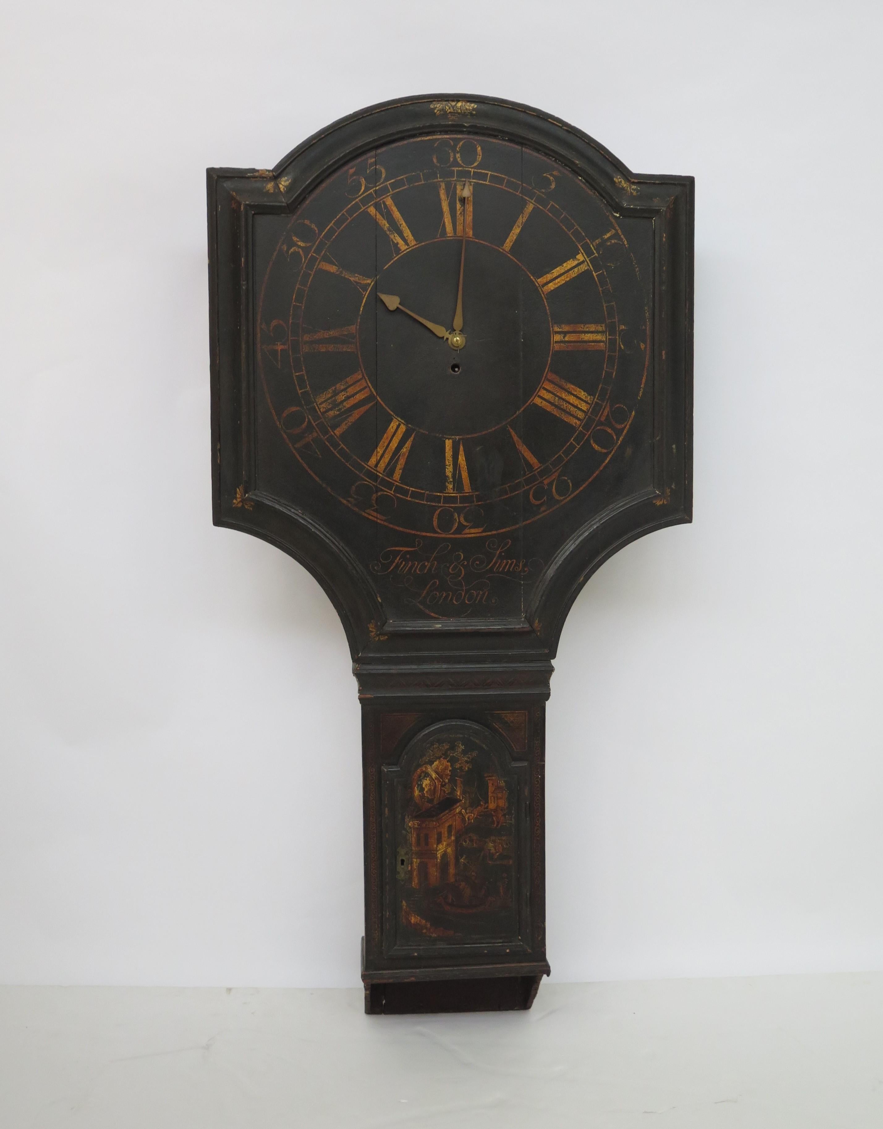 Act of Parliament Clock/ Tavern Clock with black lacquer Chinoiserie case by Finch and Sims of London, England, circa 1743

AS FOUND, some of the clockworks / gears are inside, but the clock has no pendulum (sold a a decorative item only) 

there is