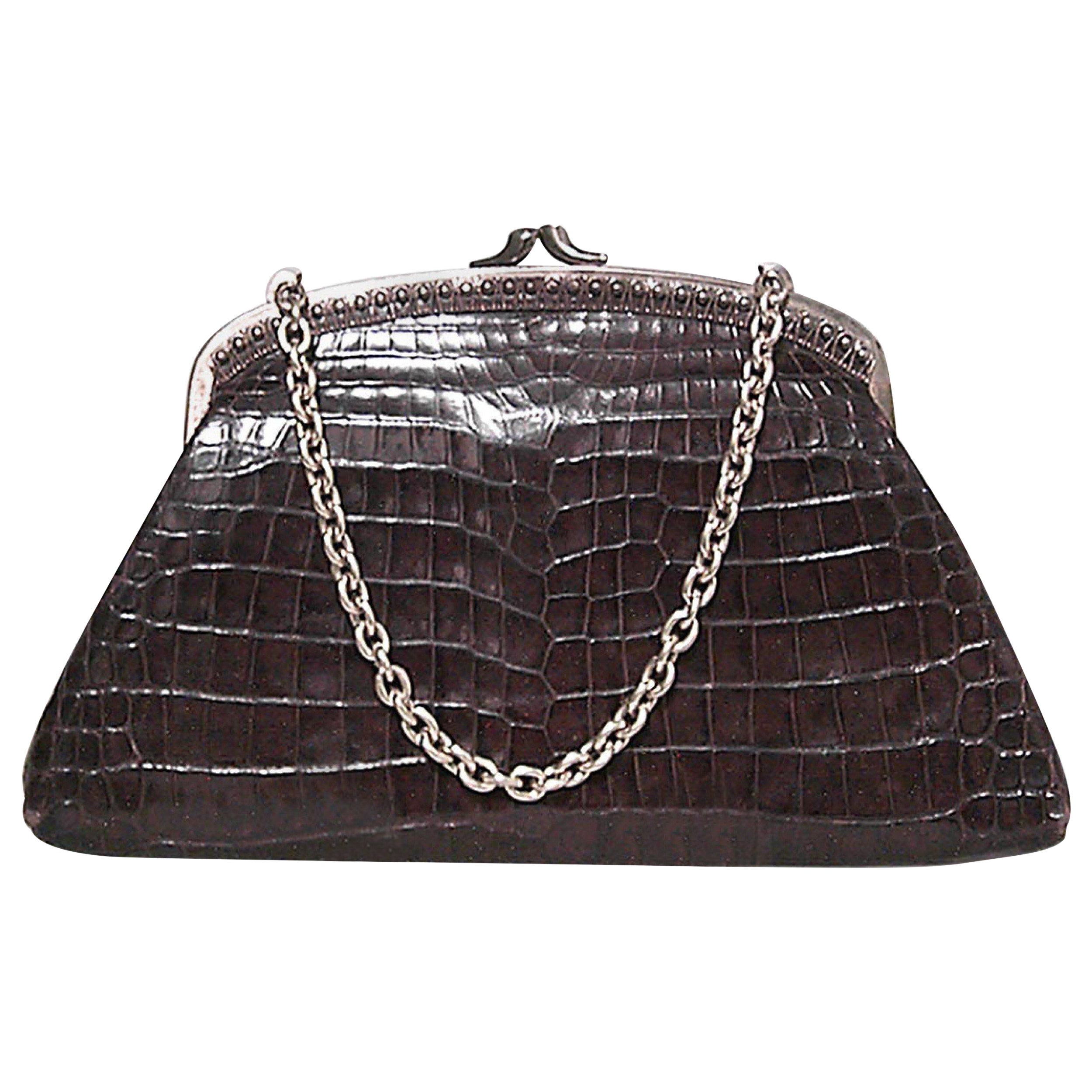 Engish Art Deco Crocodile Handbag For Sale