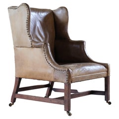 Antique Englaish George III Style Tan Leather Wingback Armchair