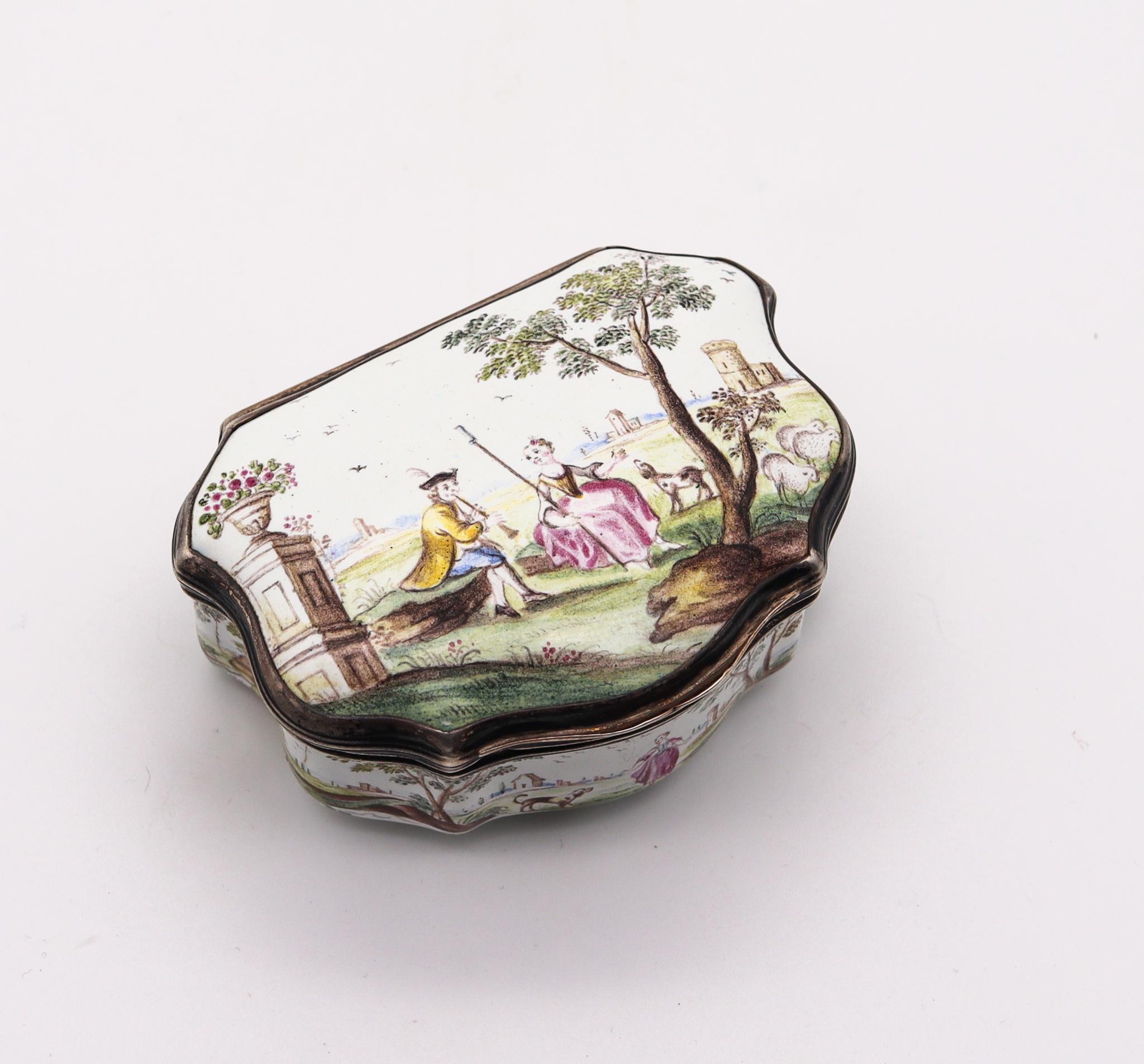 Georgian Battersea enamel box from the 18th century.

A beautiful fine antique English Battersea Bilston table snuff box created in the district of Battersea in London England during the early Georgian period, back in the 1770. This rare box was