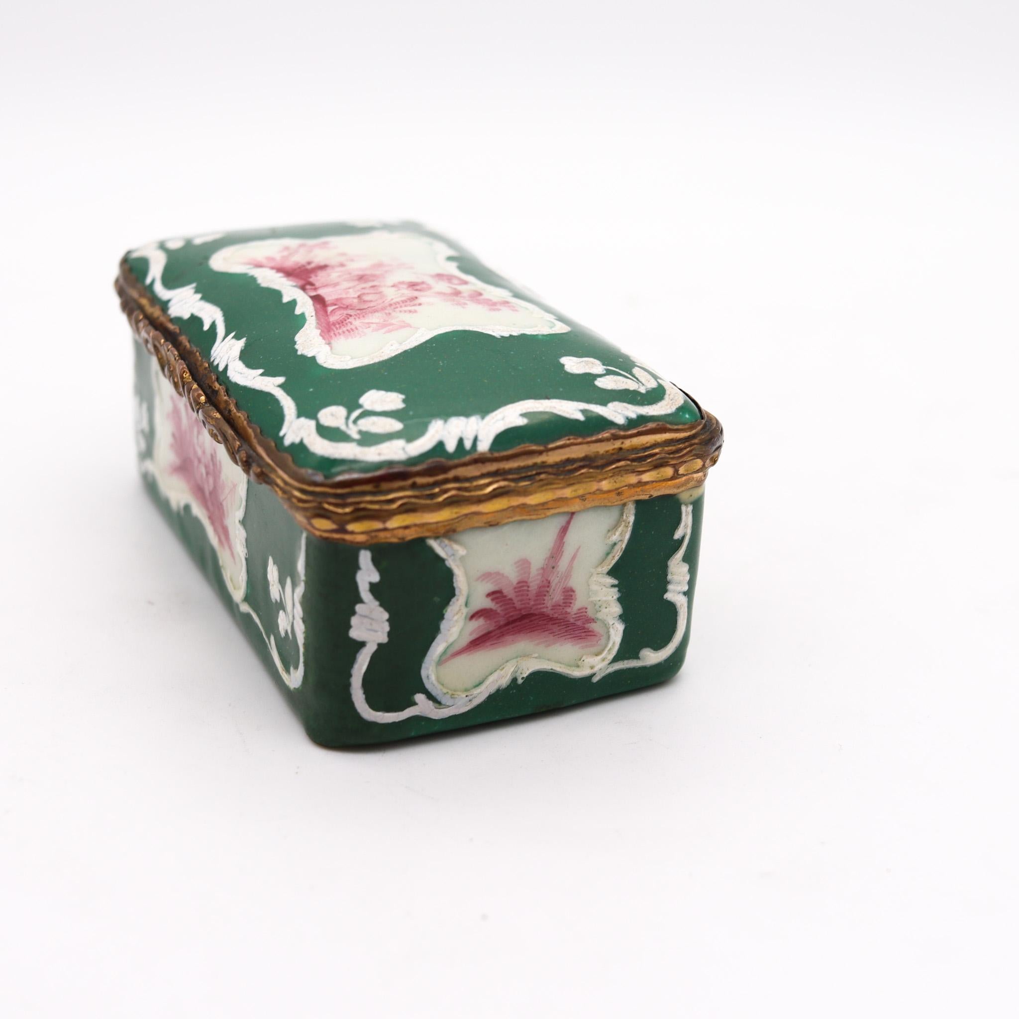 Late 18th century Georgian Battersea enamel box. 

A beautiful antique English Battersea Bilston table snuff box, created in the district of Battersea in London. It was crafted during the Georgian period, around the 1780. This rare box was