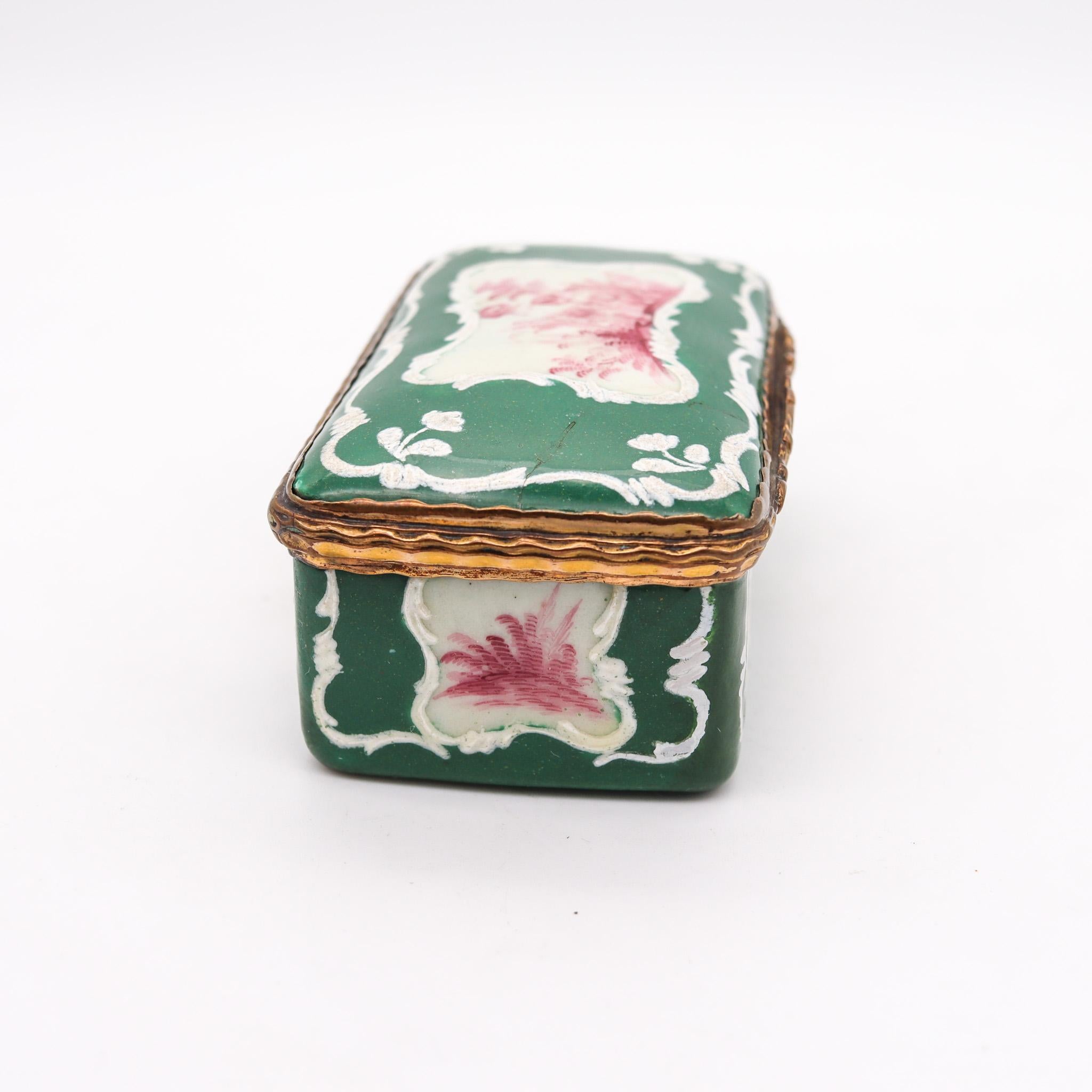 English England 1780 Georgian Battersea Enamel Baroque Decorated Box in Gilded Bronze For Sale
