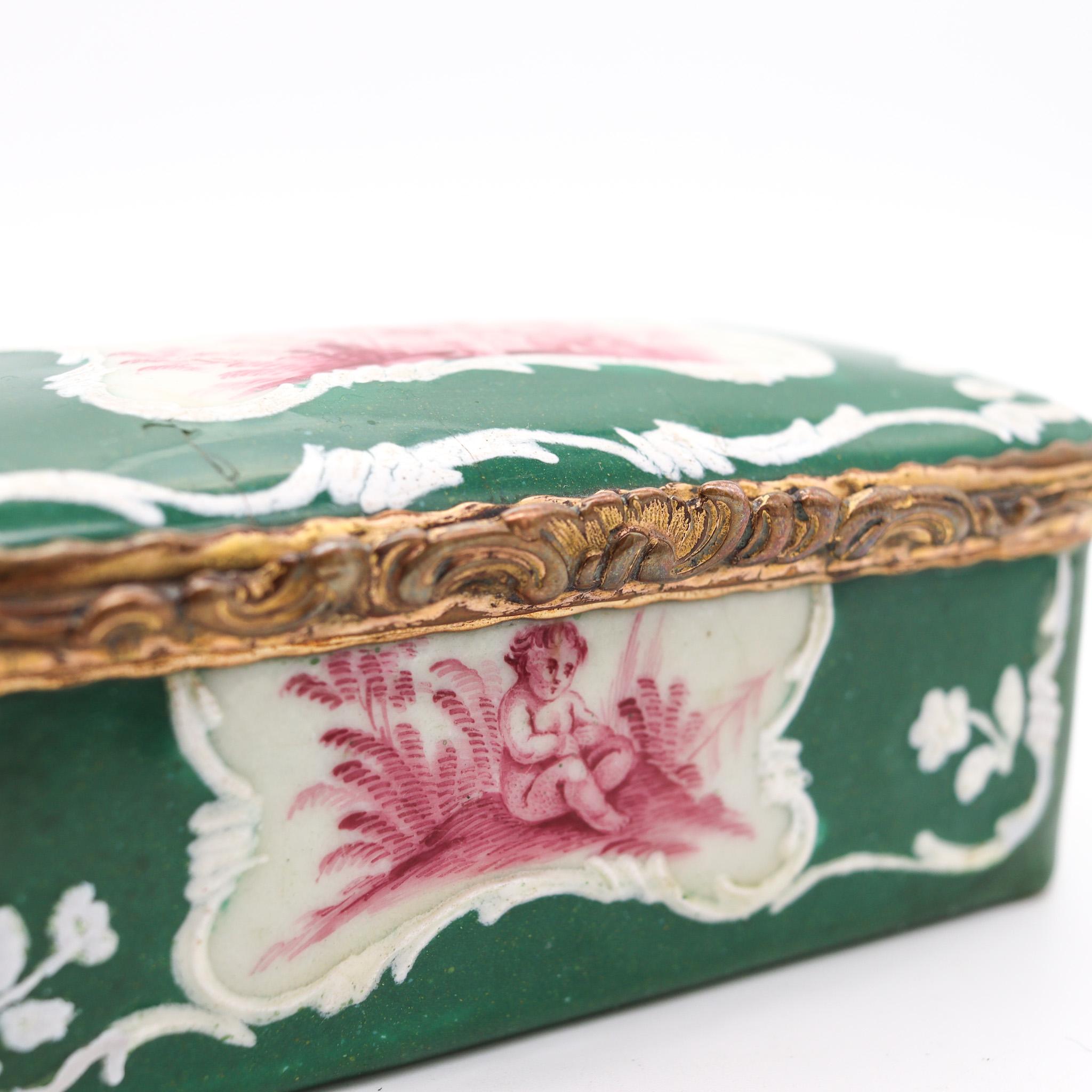 Late 18th Century England 1780 Georgian Battersea Enamel Baroque Decorated Box in Gilded Bronze For Sale