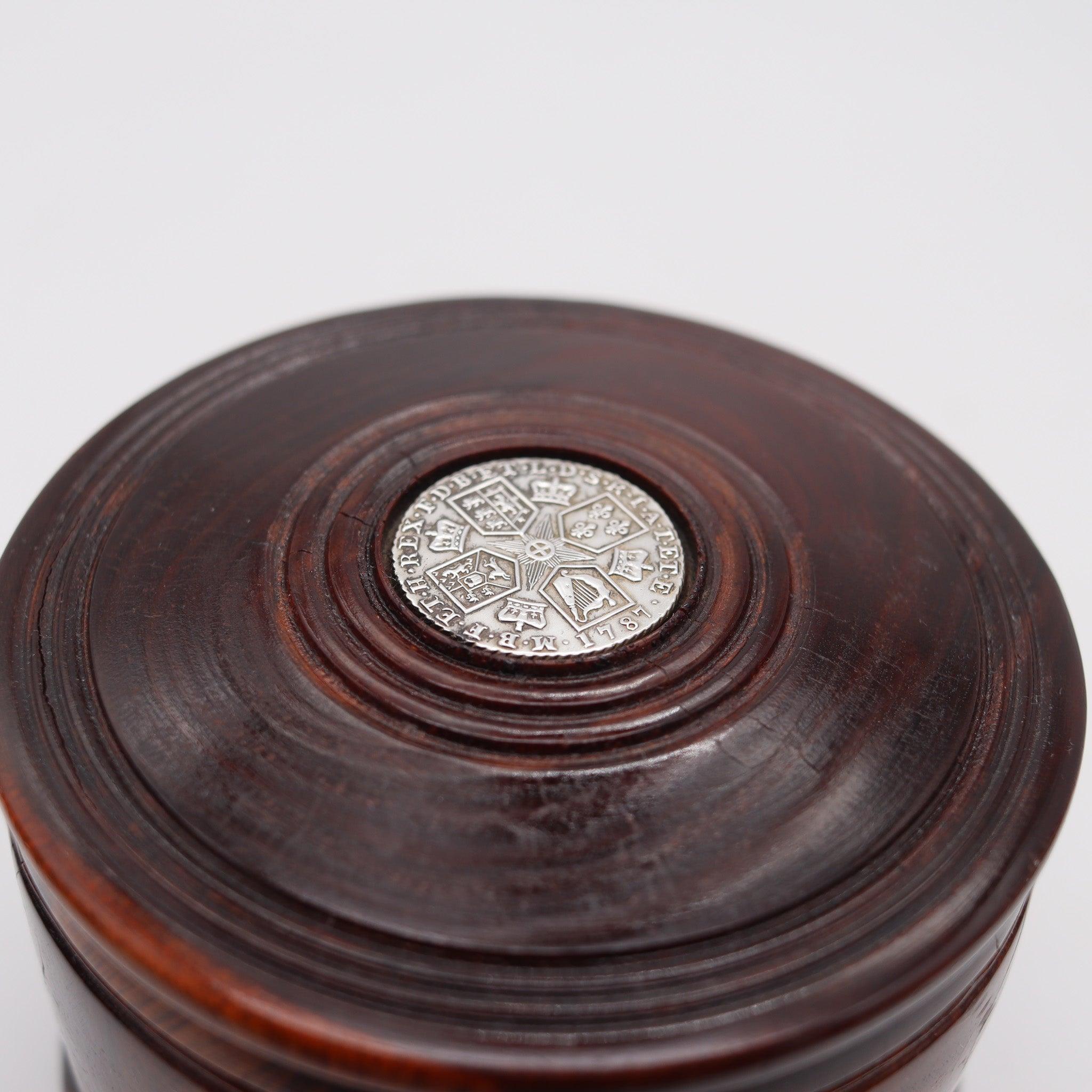 English ENGLAND 1787 George III Tobacco Round Desk Box In Carved Wood And Silver For Sale