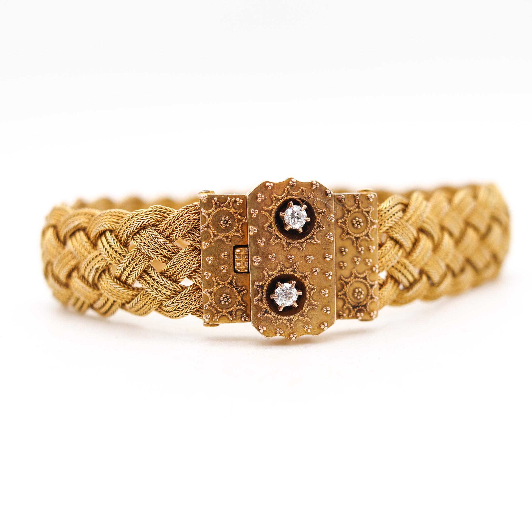 An Etruscan revival bracelet from the Victorian period.

Beautiful woven flexible bracelet, created in England during the Victorian period (1837-1901), back in the 1860. The gorgeous design is made up with an intricate and magnificent woven work,