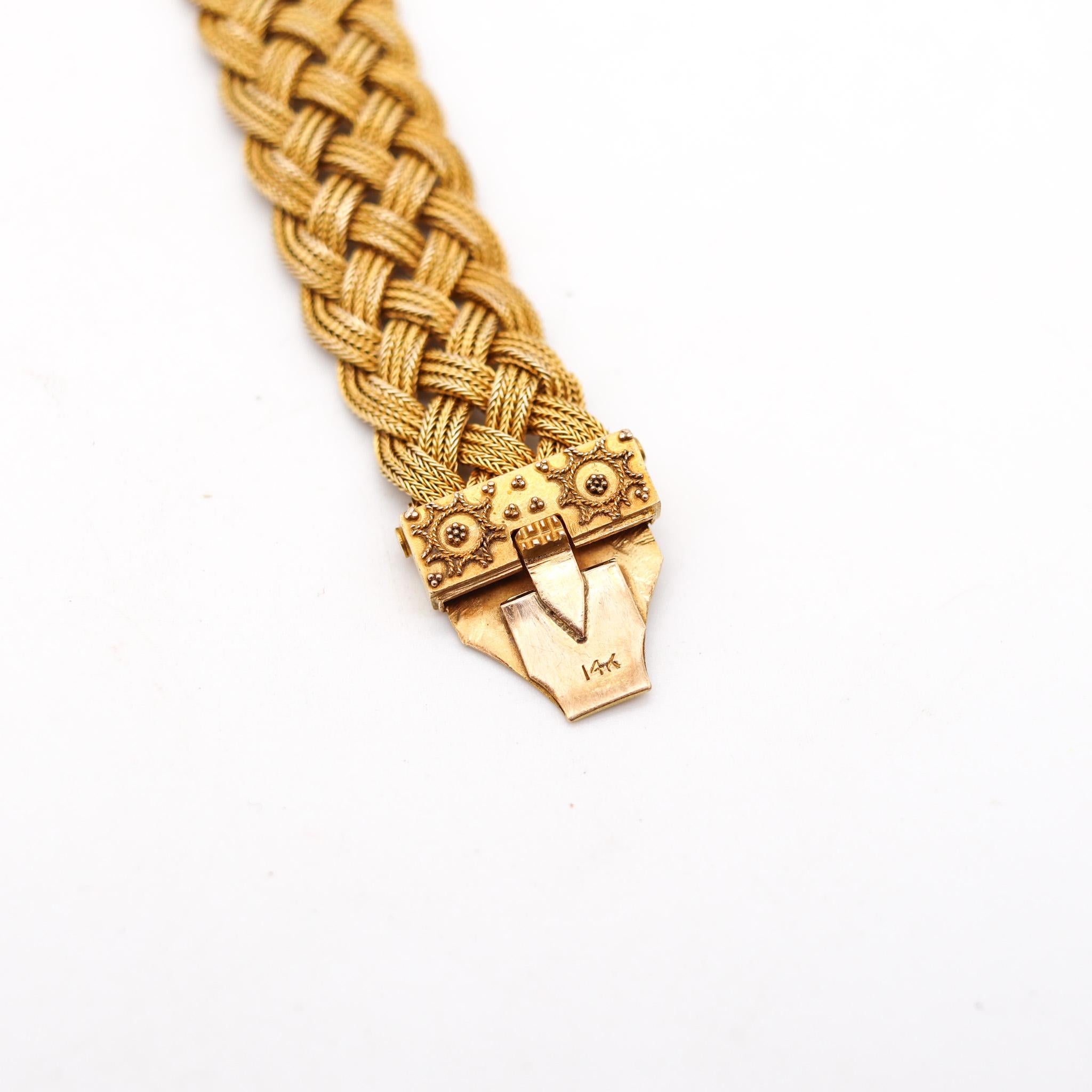England 1860 Victorian Etruscan Revival Woven Bracelet In 14Kt Yellow Gold For Sale 1
