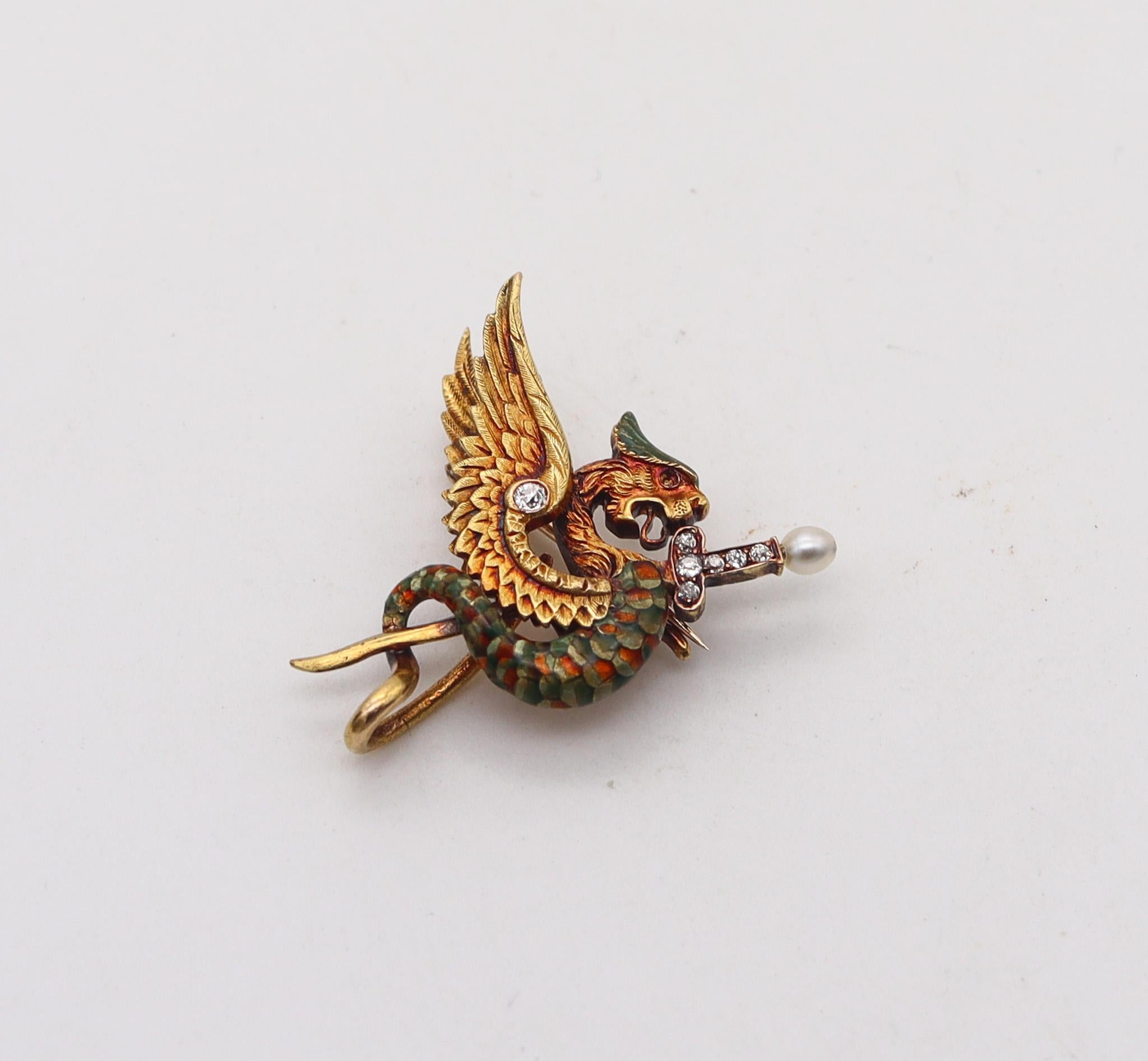 A Victorian neo-gothic pendant Brooch with a winged Griffin.

Fabulous pendant-brooch, created in England during the Victorian era in the late 19th century, circa 1870. This piece was crafted in three dimensions with great details in solid yellow