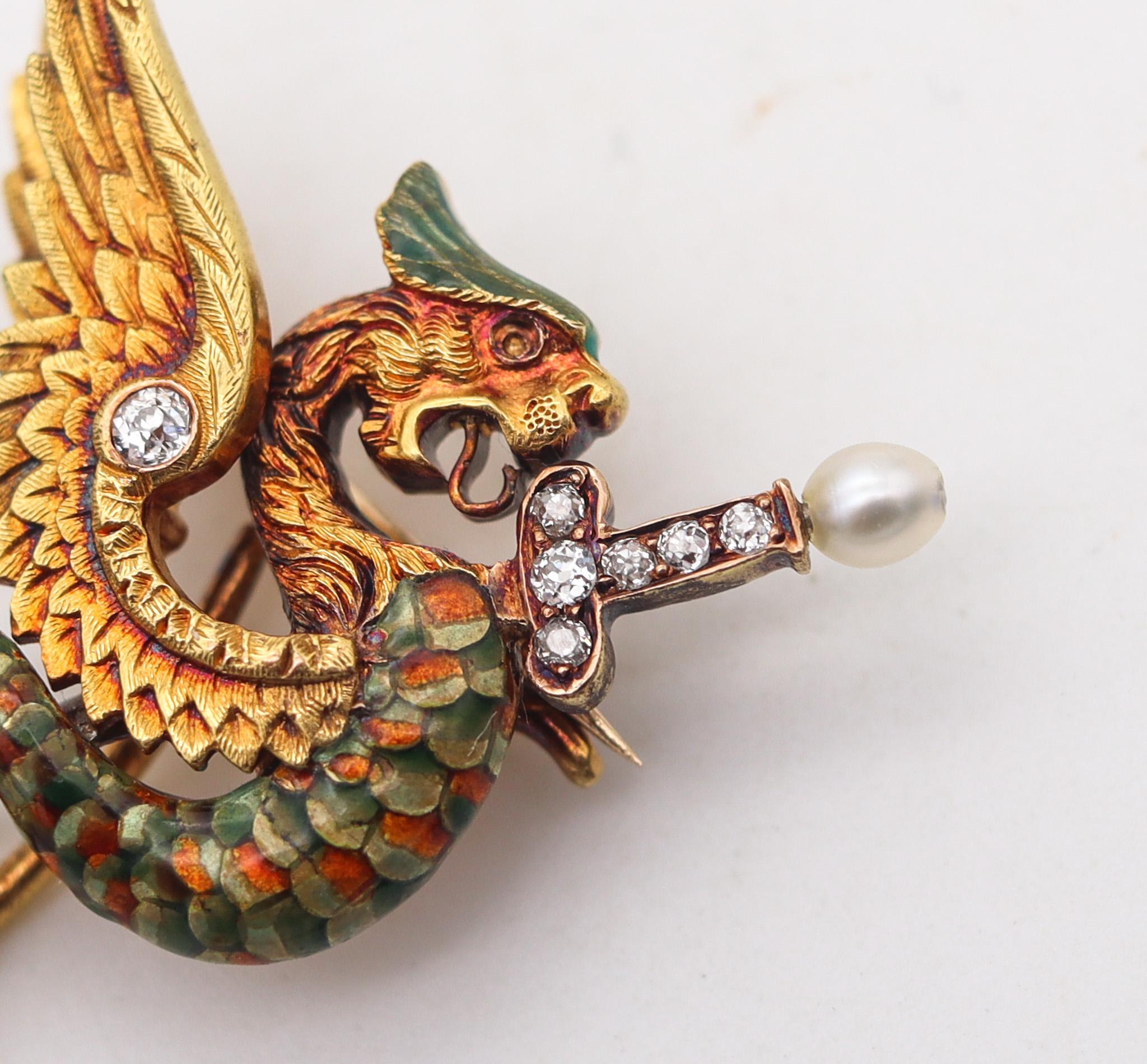England 1870 Neo Gothic Pendant With Griffin In 18Kt Yellow Gold With Diamonds In Excellent Condition For Sale In Miami, FL