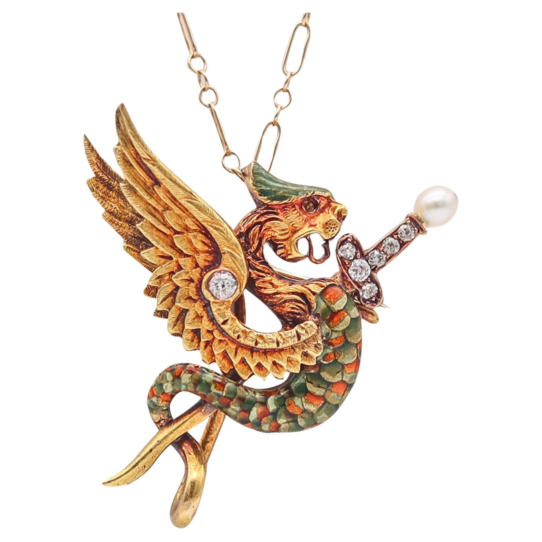 England 1870 Neo Gothic Pendant With Griffin In 18Kt Yellow Gold With Diamonds For Sale