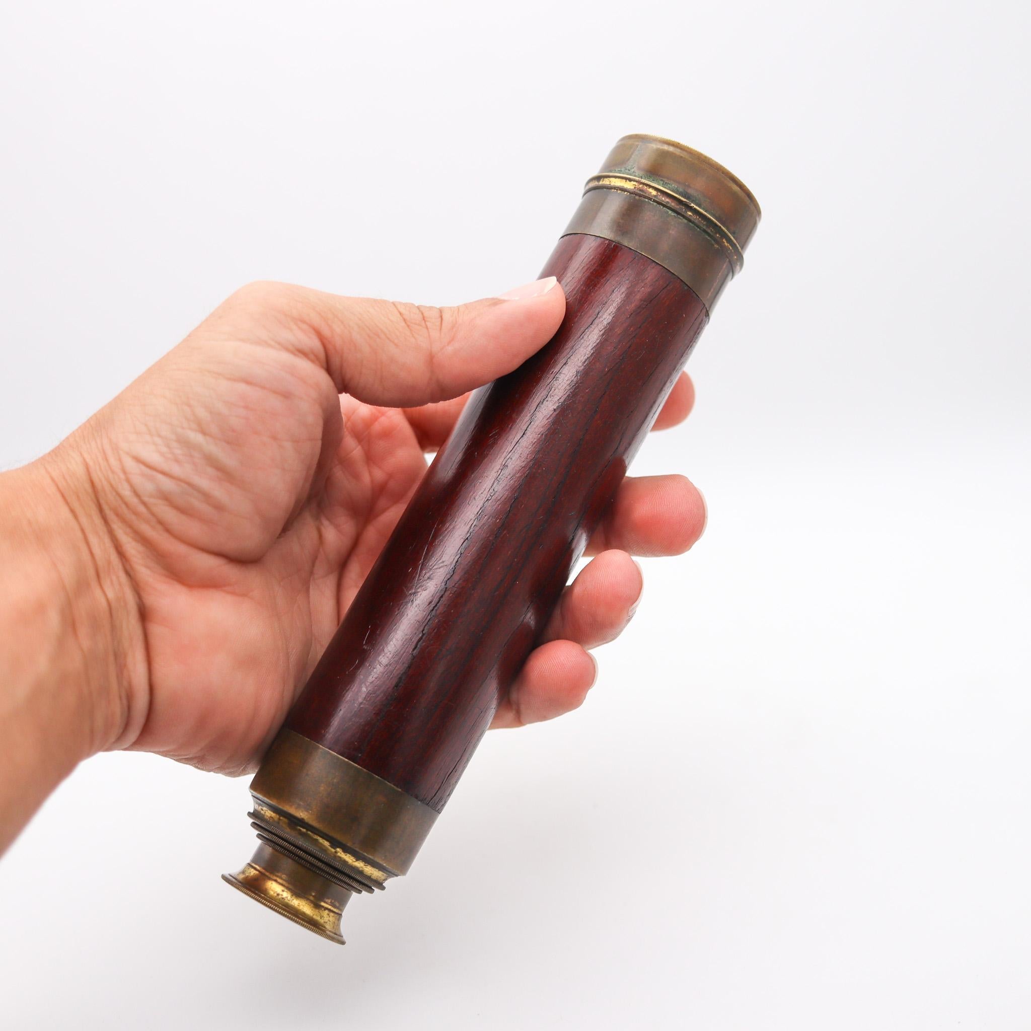 English England 1880 British Navy Four Draw Long Monocular Telescope In Wood And Brass