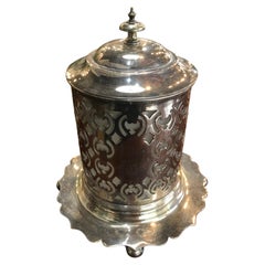 Antique England, 1880, Pierced Silver Plated Jam Pot with a Frosted Liner and Bun Feet
