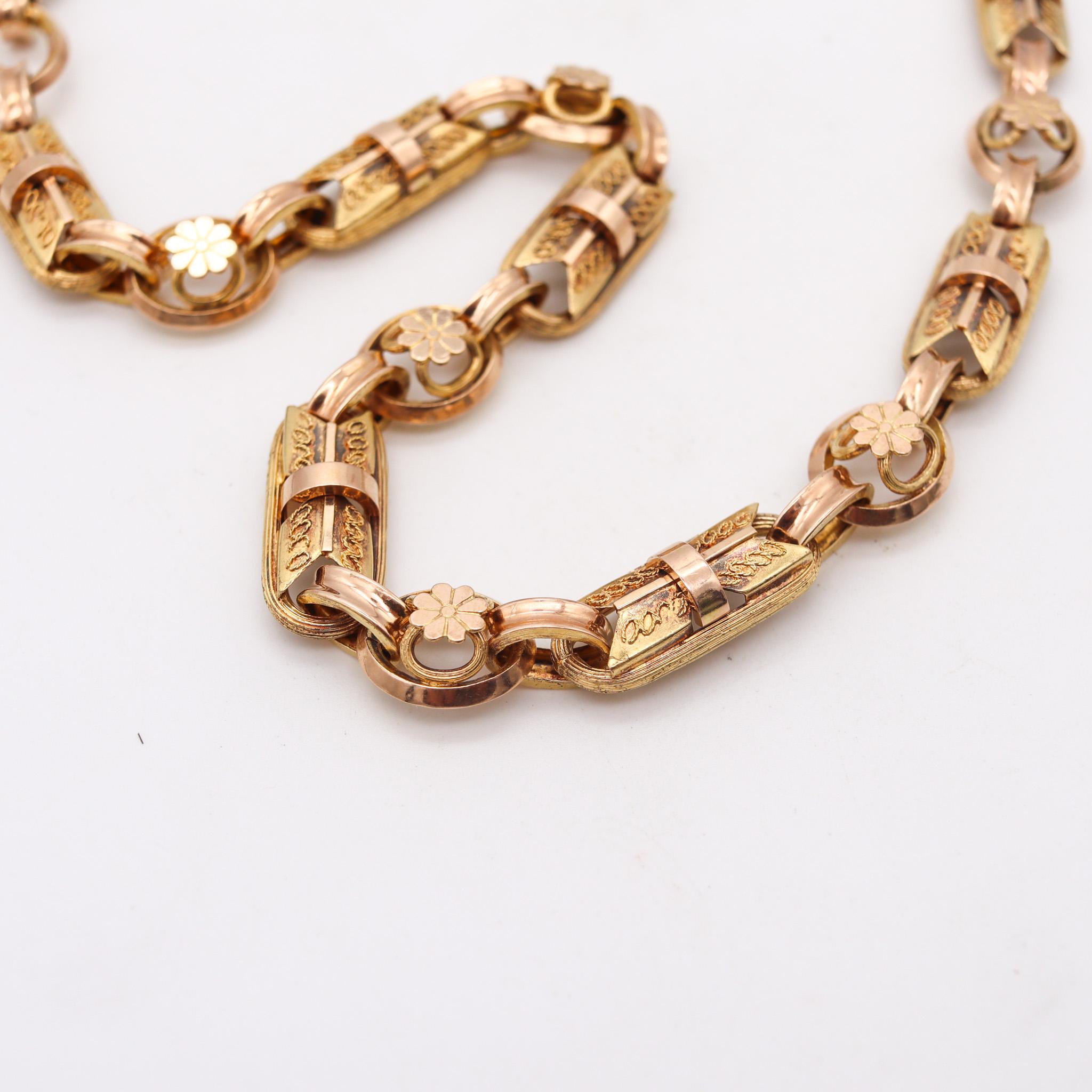 An England necklace from the Victorian period.

Beautiful necklace-chain, created in England during the Victorian period (1837-1901), back in the 1880. This piece was made up by multiples links, with complicated geometric patterns which are