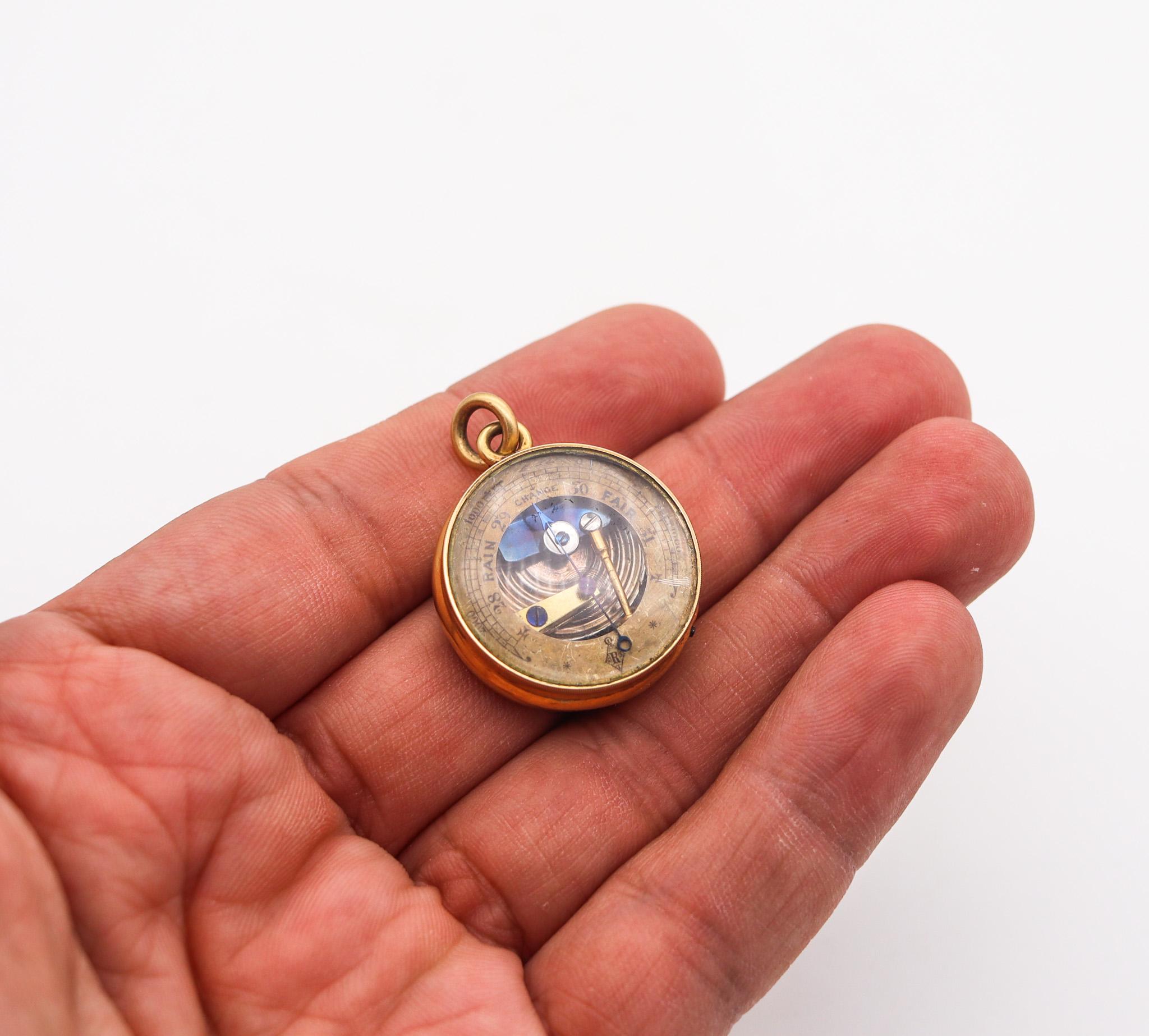 England 1880 Victorian Pocket Barometer Pendant-Charm In 18Kt Yellow Gold For Sale 2