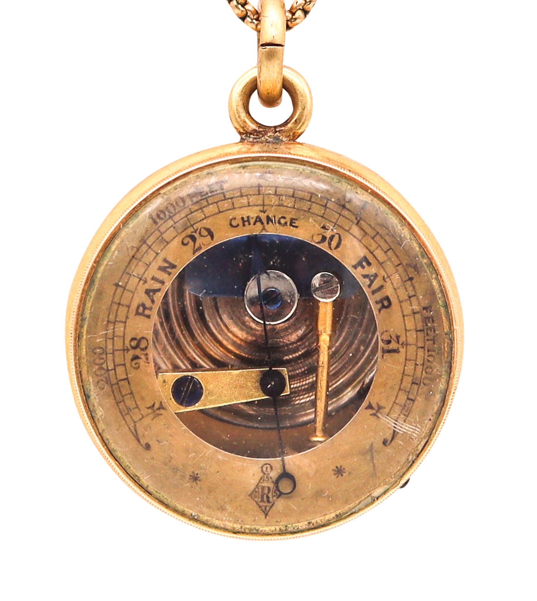 England 1880 Victorian Pocket Barometer Pendant-Charm In 18Kt Yellow Gold For Sale