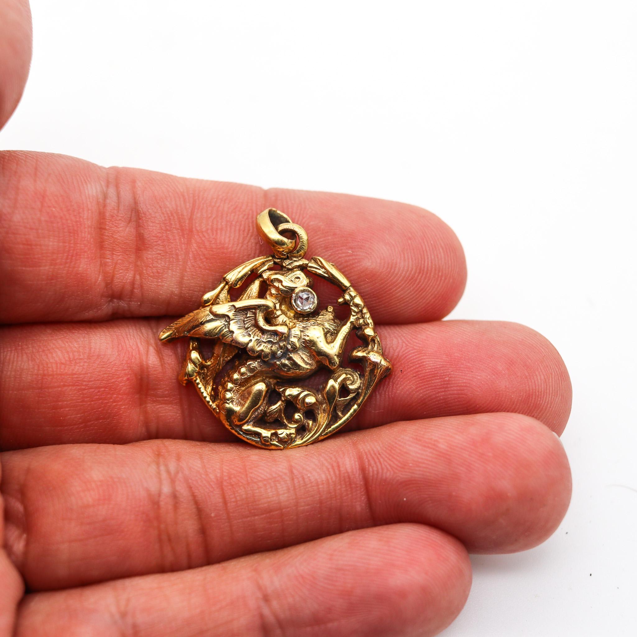 Rose Cut England 1885 Neo Gothic Pendant With Griffin In 18Kt Yellow Gold With Diamond For Sale
