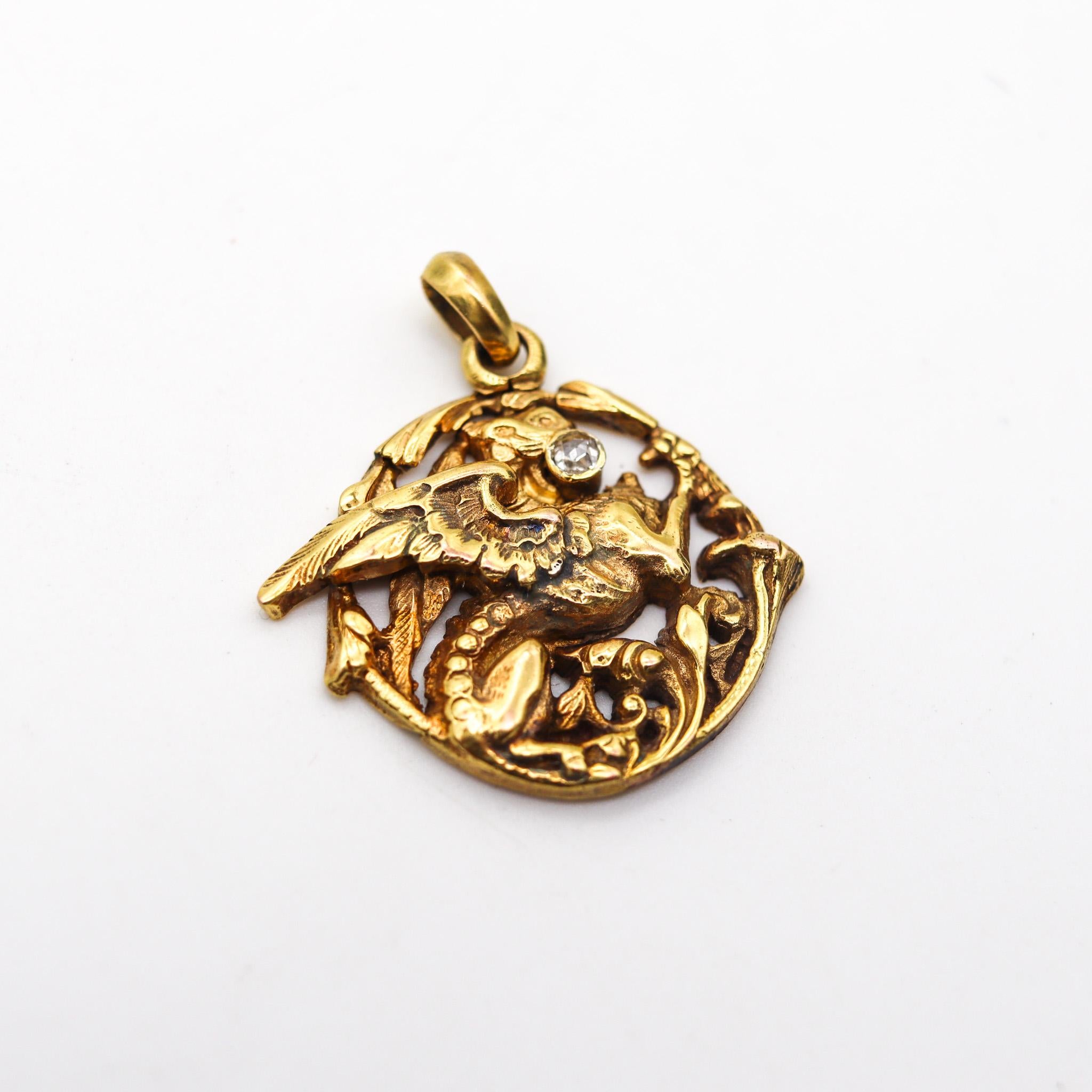 Women's or Men's England 1885 Neo Gothic Pendant With Griffin In 18Kt Yellow Gold With Diamond For Sale