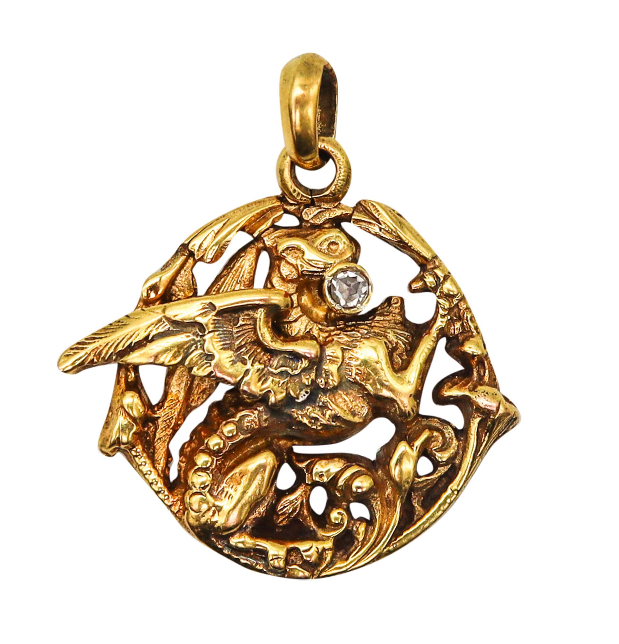 England 1885 Neo Gothic Pendant With Griffin In 18Kt Yellow Gold With Diamond For Sale