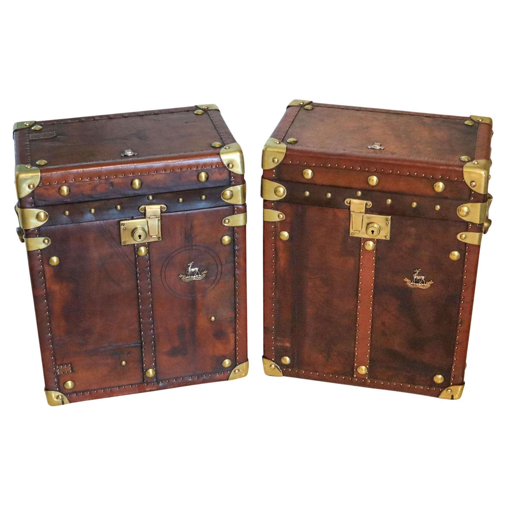 ENGLAND 1890-1900 Victorian Pair Of Army Officer Travel Chests In Leather &