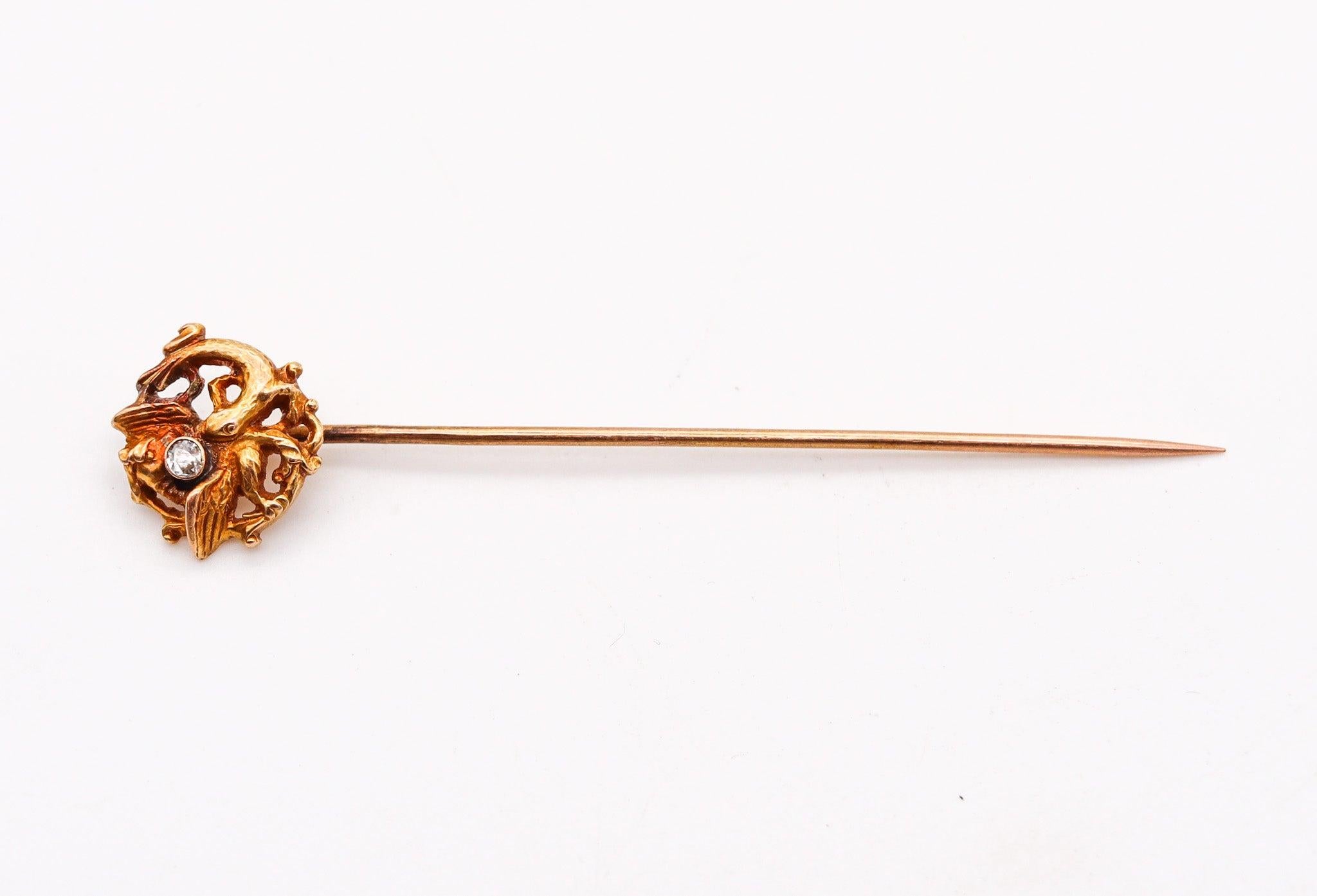 Old European Cut ENGLAND 1890 Neo Gothic Stick Pin With Griffin In 18Kt Gold With Euro Diamond For Sale