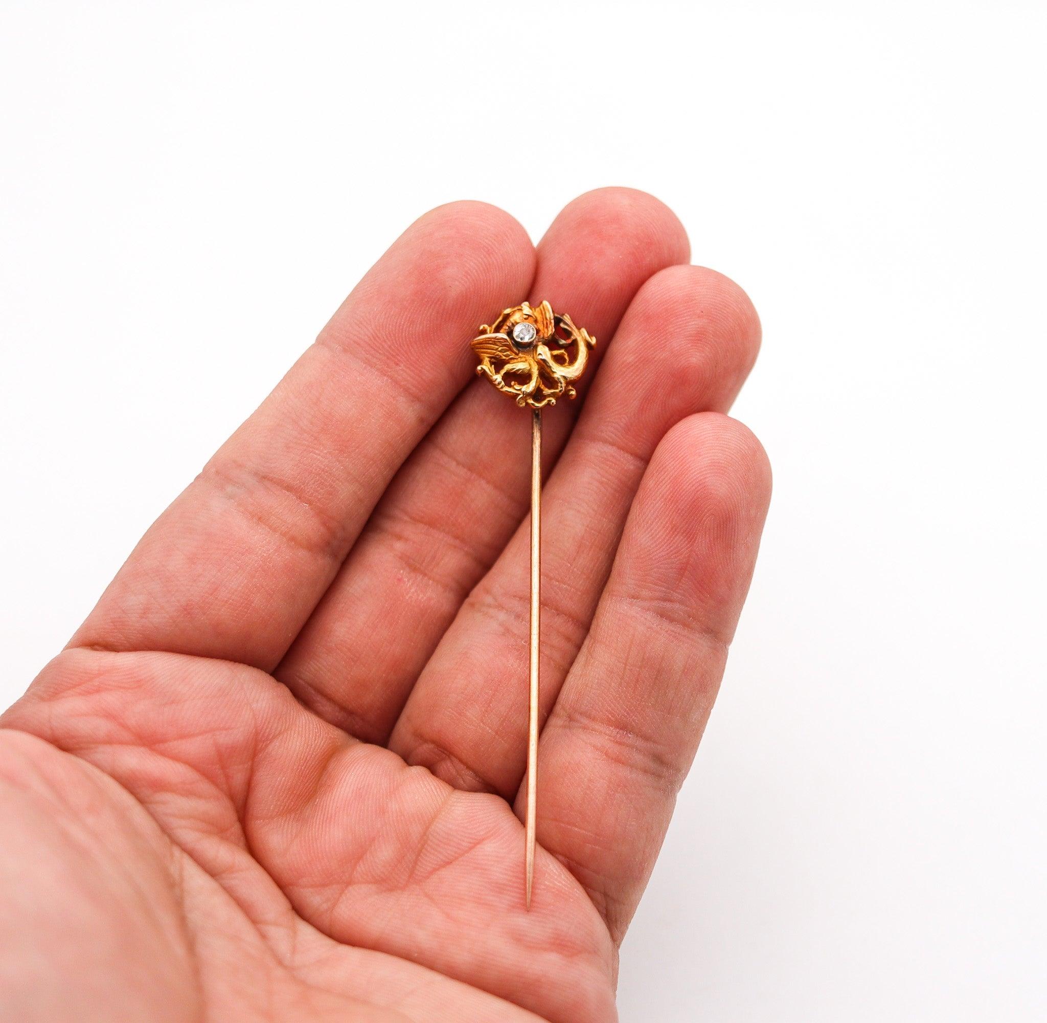 Women's ENGLAND 1890 Neo Gothic Stick Pin With Griffin In 18Kt Gold With Euro Diamond For Sale