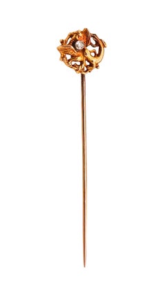 Antique ENGLAND 1890 Neo Gothic Stick Pin With Griffin In 18Kt Gold With Euro Diamond