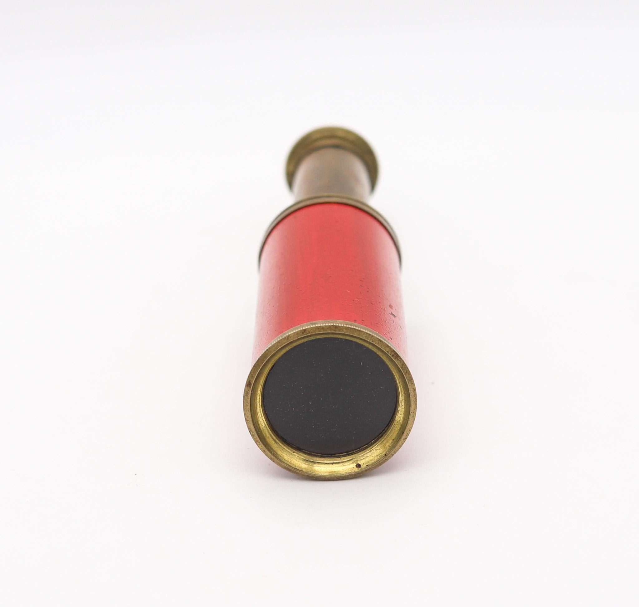 Late Victorian England 1900 Two Draw Personal Pocket Monocular Telescope In Brass And Red Wood For Sale