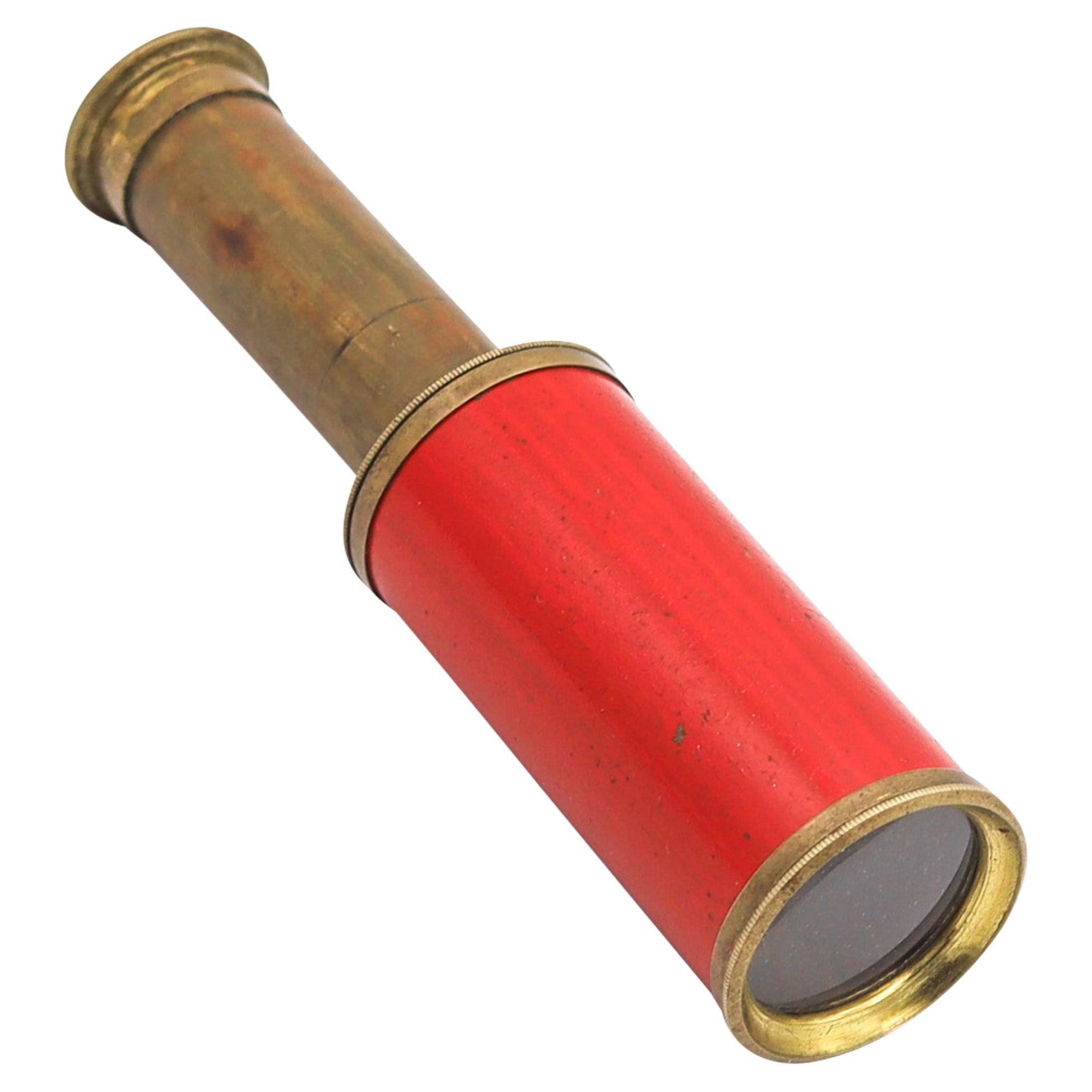 England 1900 Two Draw Personal Pocket Monocular Telescope In Brass And Red Wood For Sale