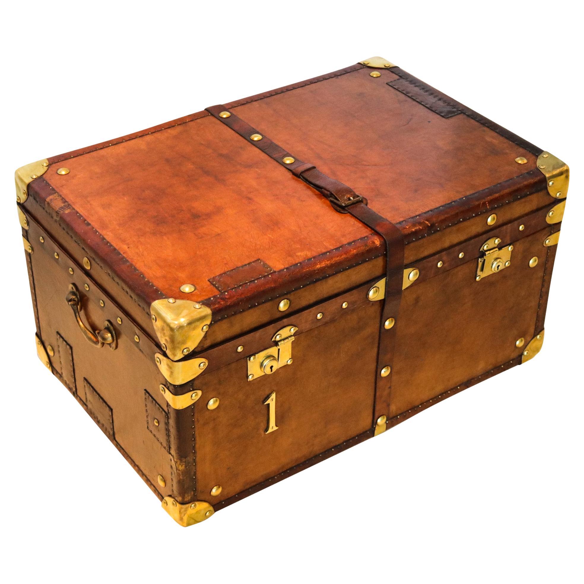 England 1900 Victorian Large Army Officer Travel Chest in Leather and Bronze