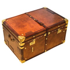 Antique England 1900 Victorian Large Army Officer Travel Chest in Leather and Bronze