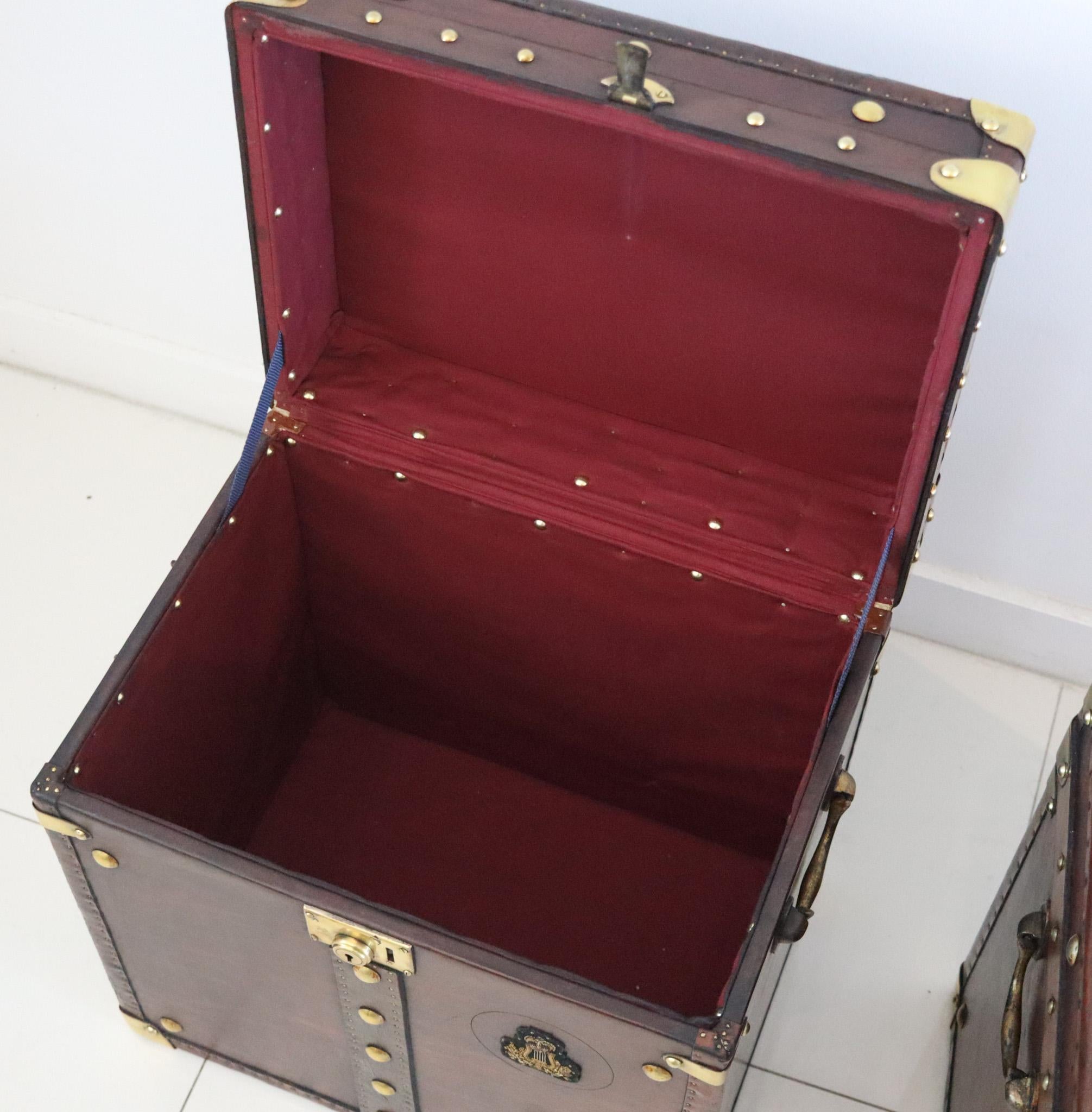 ENGLAND 1900 Victorian Pair Of Army Officer Travel Chests In Leather And Bronze 3