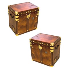 England 1900 Victorian Pair of Army Officer Travel Chests in Leather and Bronze