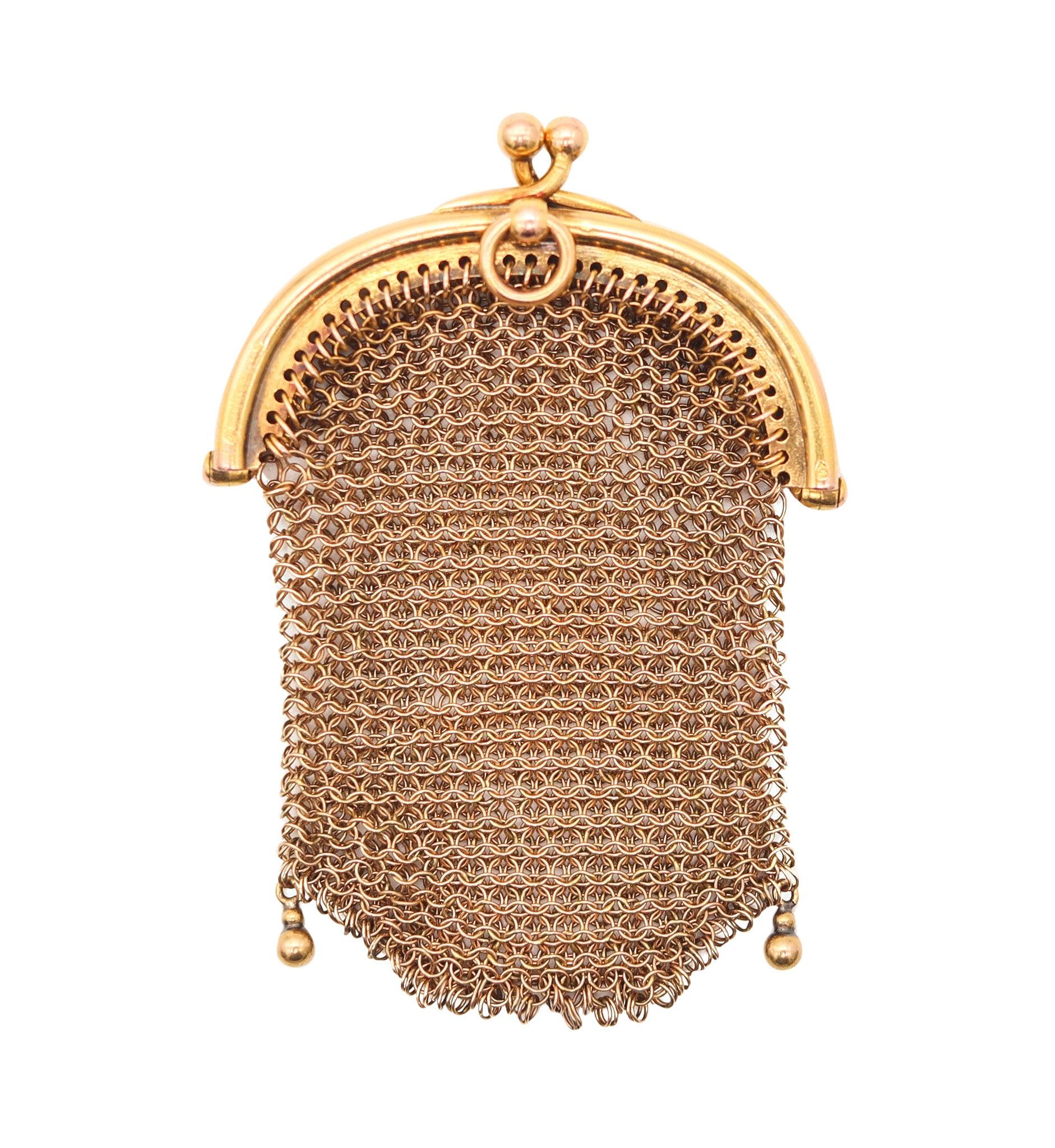 ENGLAND 1900 Victorian Pendant Mesh Pendant Purse In Solid 18Kt Yellow Gold