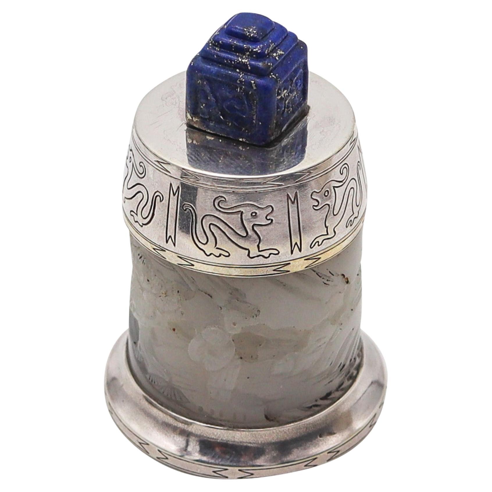 England 1929 Art Deco Chinoiserie Desk Lighter In Sterling Silver Jade And Lapis For Sale