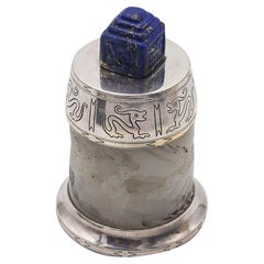England 1929 Art Deco Chinoiserie Desk Lighter In Sterling Silver Jade And Lapis