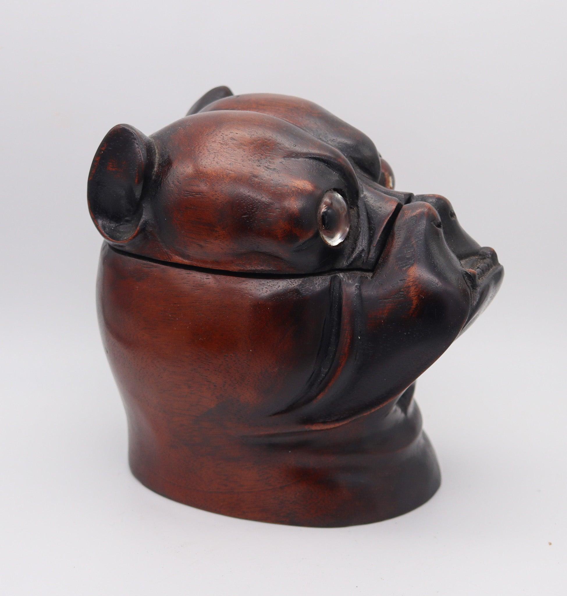 English ENGLAND 1930 Art-Deco Bulldog Figural Desk Box In Carved Wood