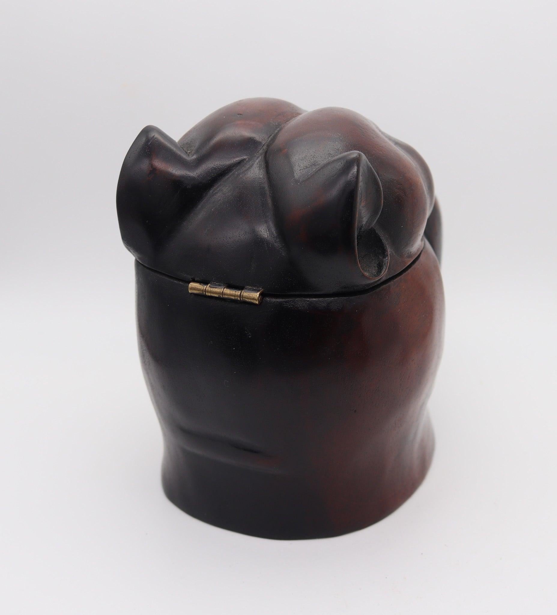 Hand-Carved ENGLAND 1930 Art-Deco Bulldog Figural Desk Box In Carved Wood