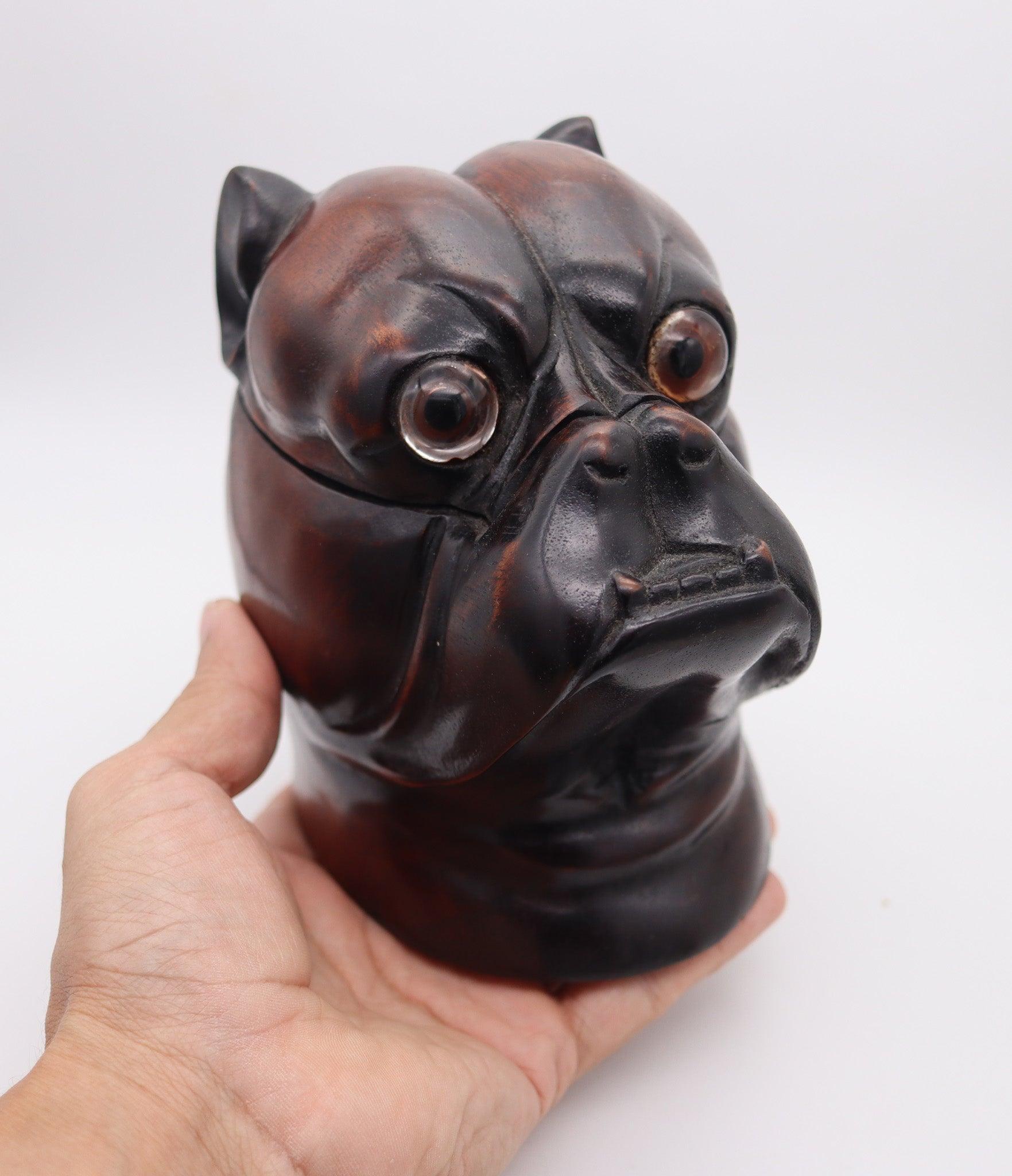 Brass ENGLAND 1930 Art-Deco Bulldog Figural Desk Box In Carved Wood