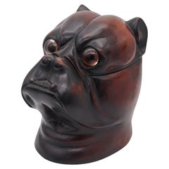 Vintage ENGLAND 1930 Art-Deco Bulldog Figural Desk Box In Carved Wood