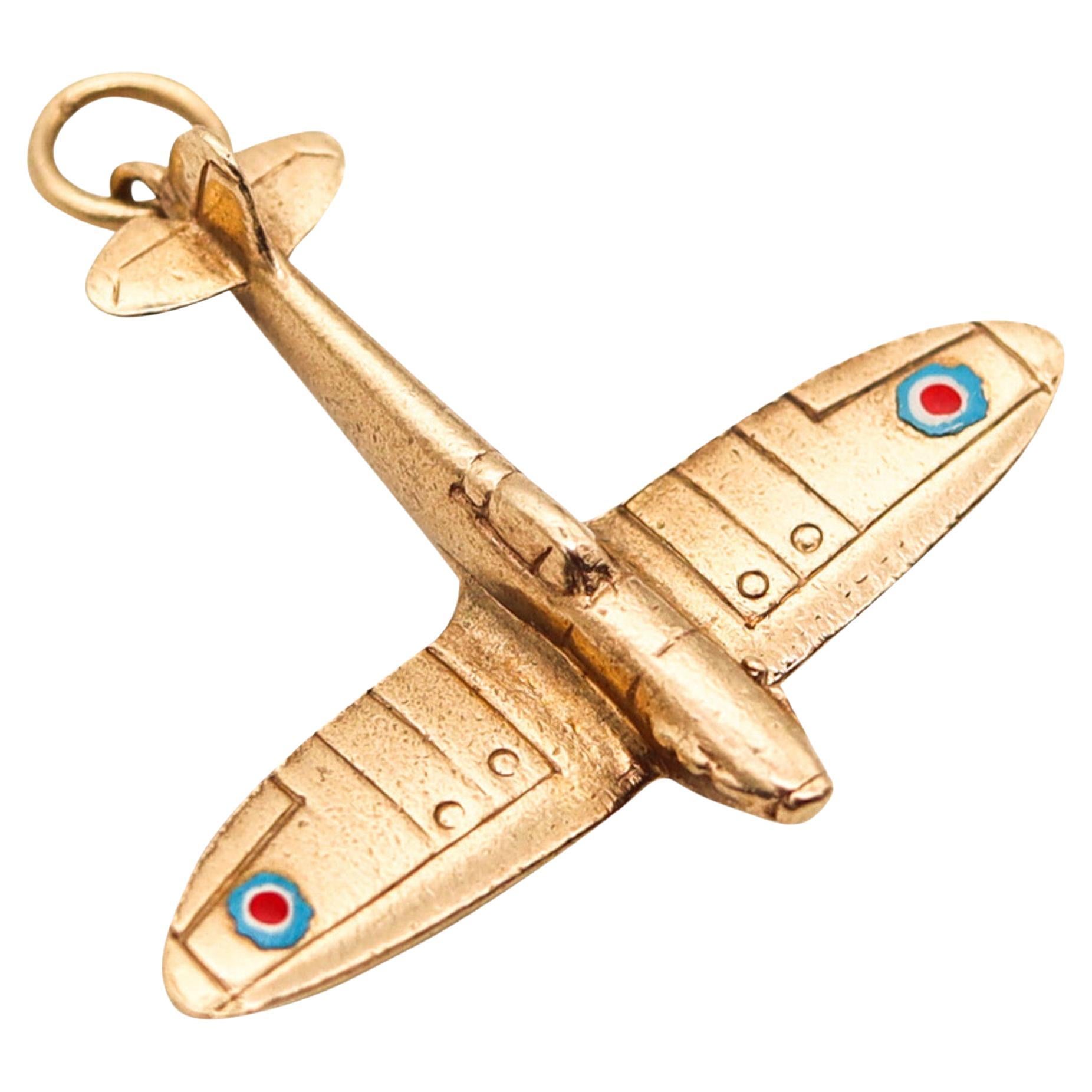 England 1950 Post War Enameled Airplane Pendant Charm In 9Kt Yellow Gold For Sale