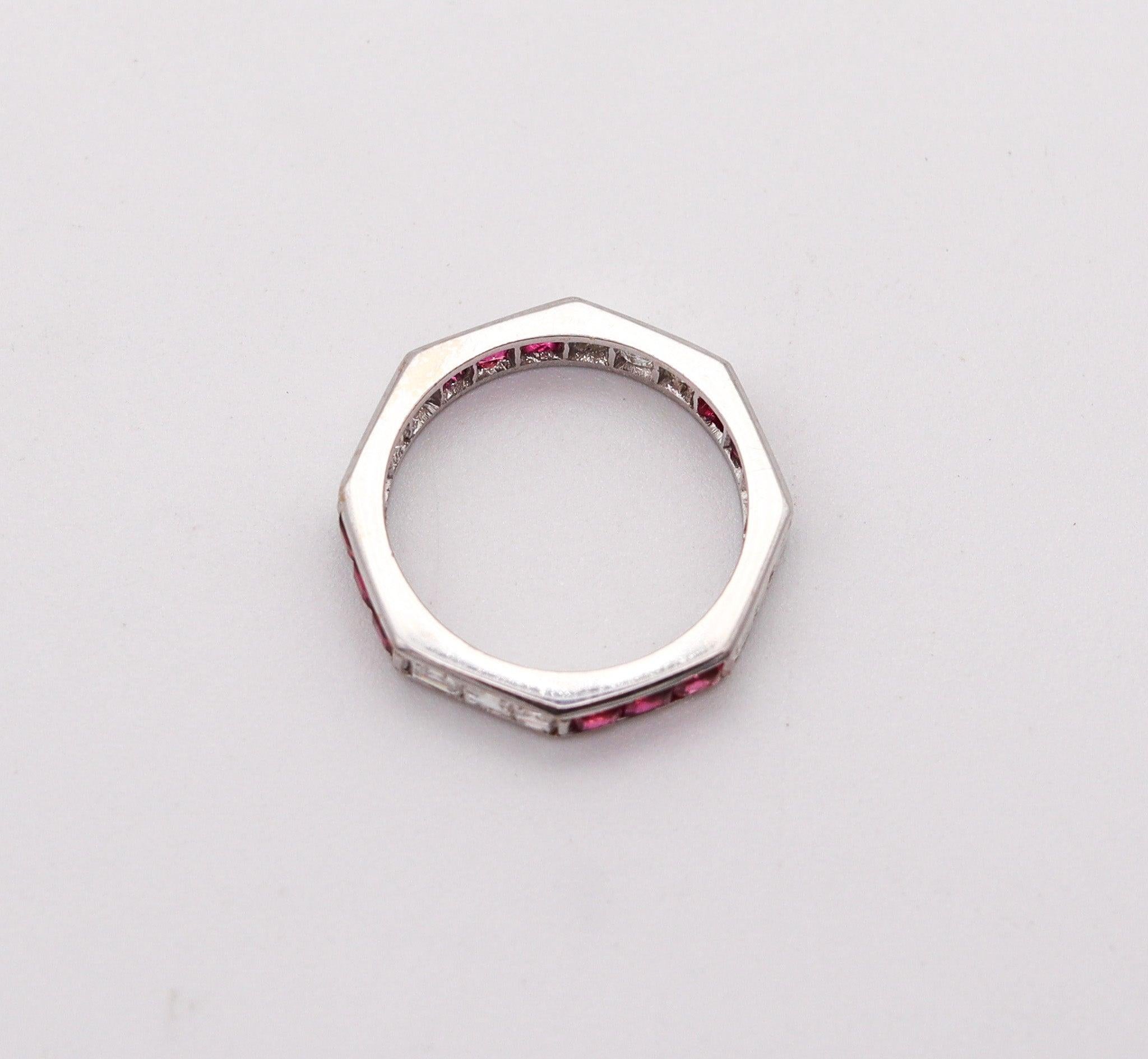 French Cut ENGLAND 1970 Octagonal Eternity Ring 18Kt Gold With 2.16 Ctw Diamonds & Rubies For Sale