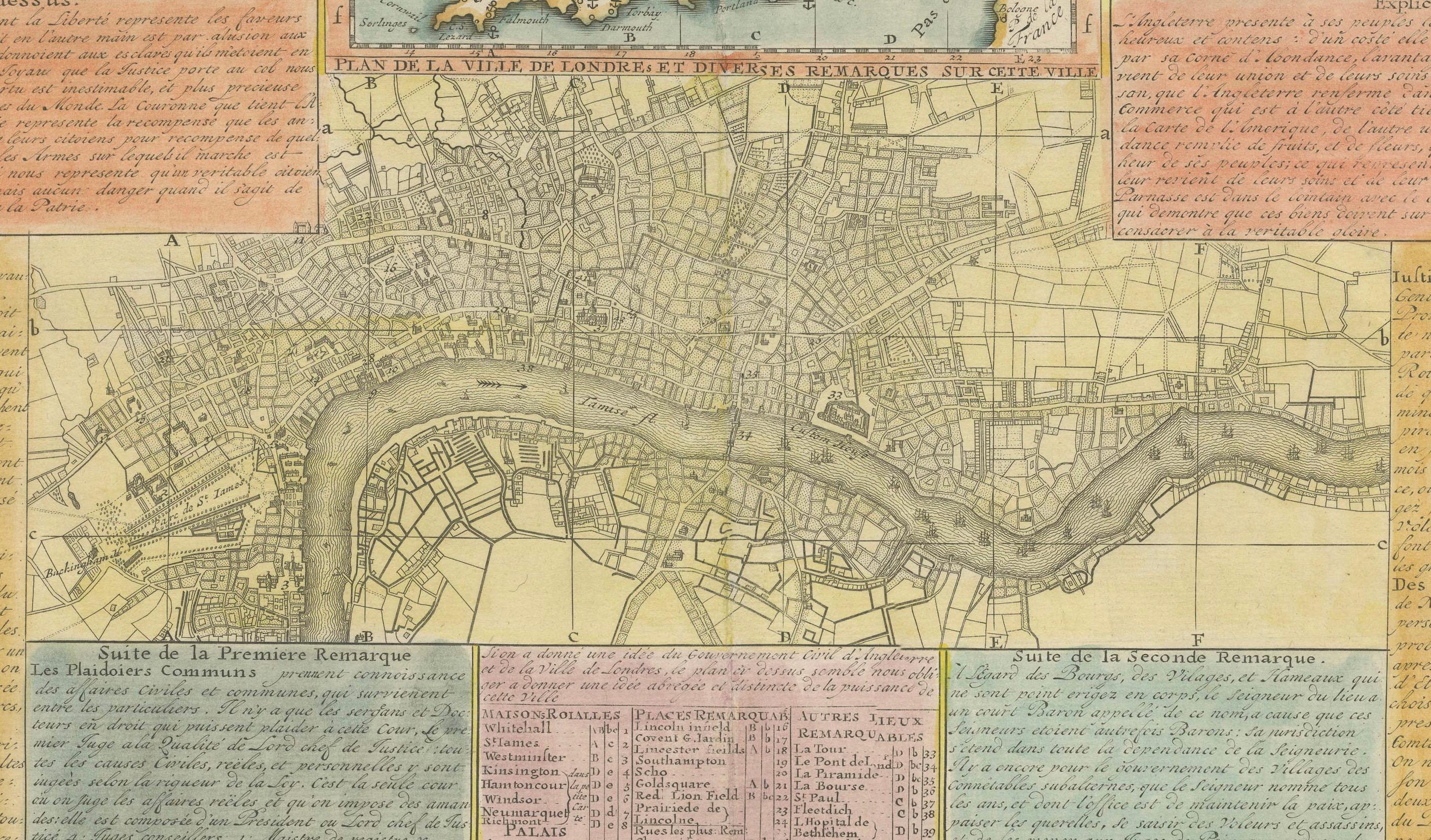French England and London Government Map with Allegorical Vignettes, ca. 1720 For Sale