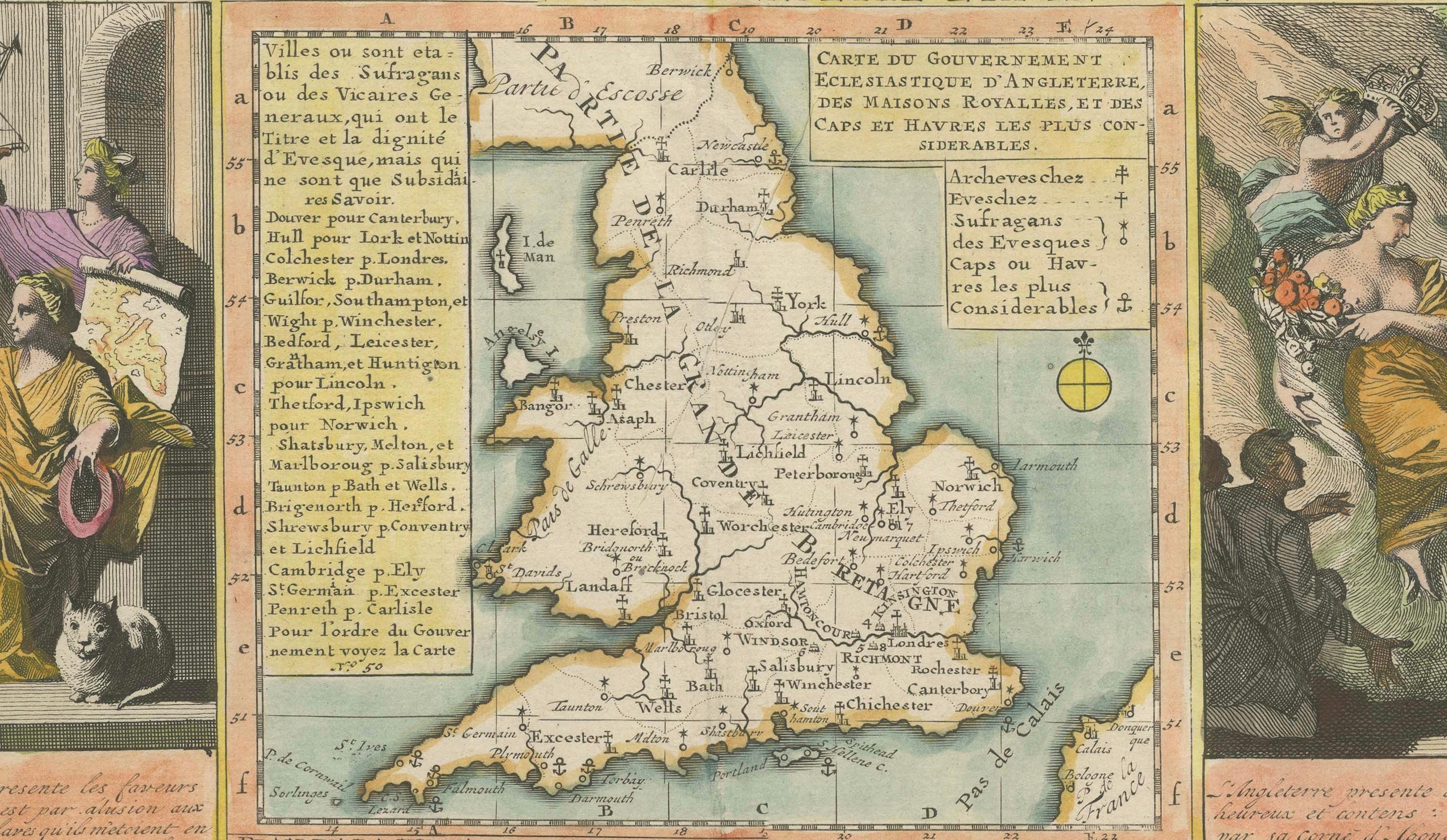 England and London Government Map with Allegorical Vignettes, ca. 1720 In Good Condition For Sale In Langweer, NL