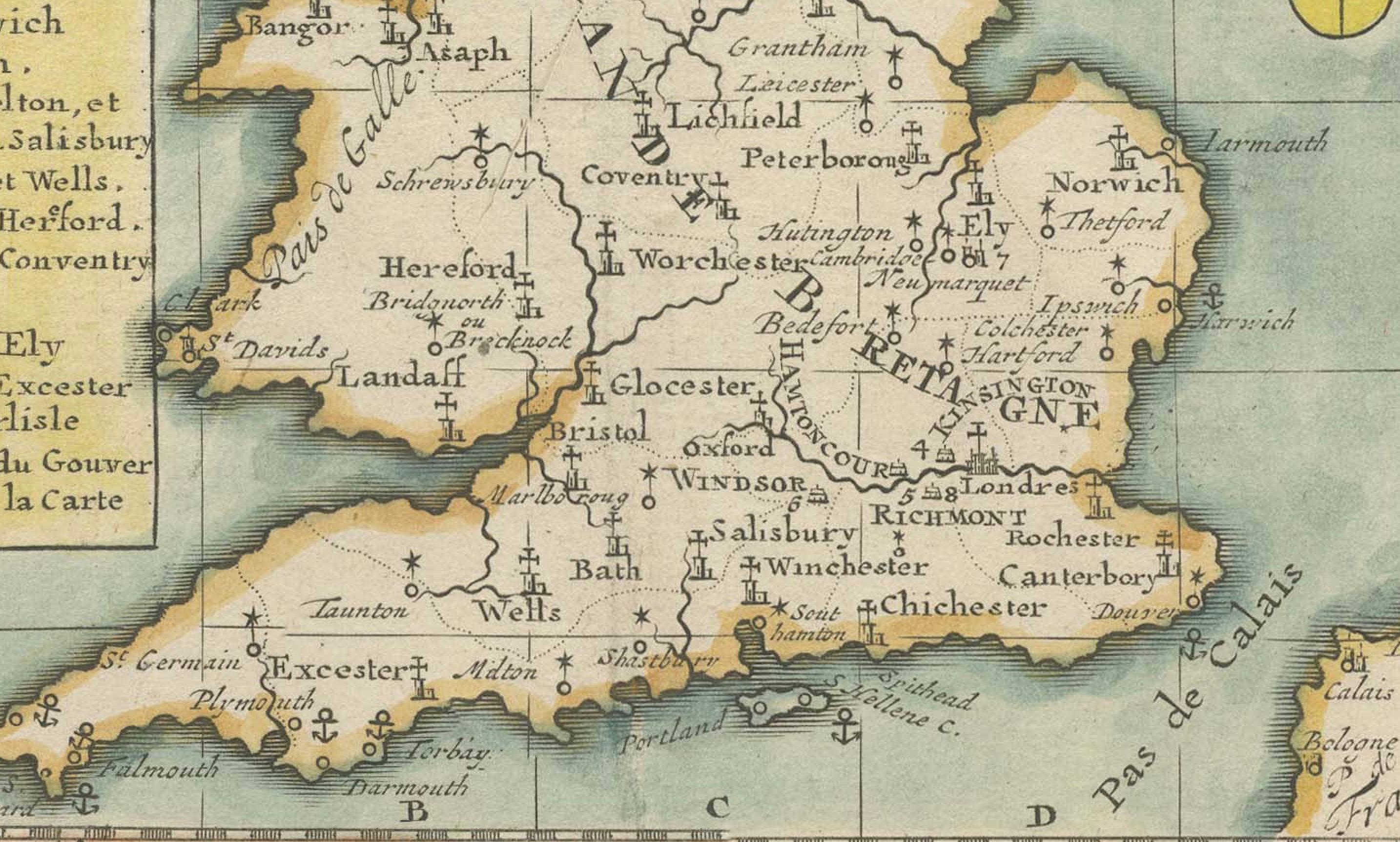 18th Century England and London Government Map with Allegorical Vignettes, ca. 1720 For Sale