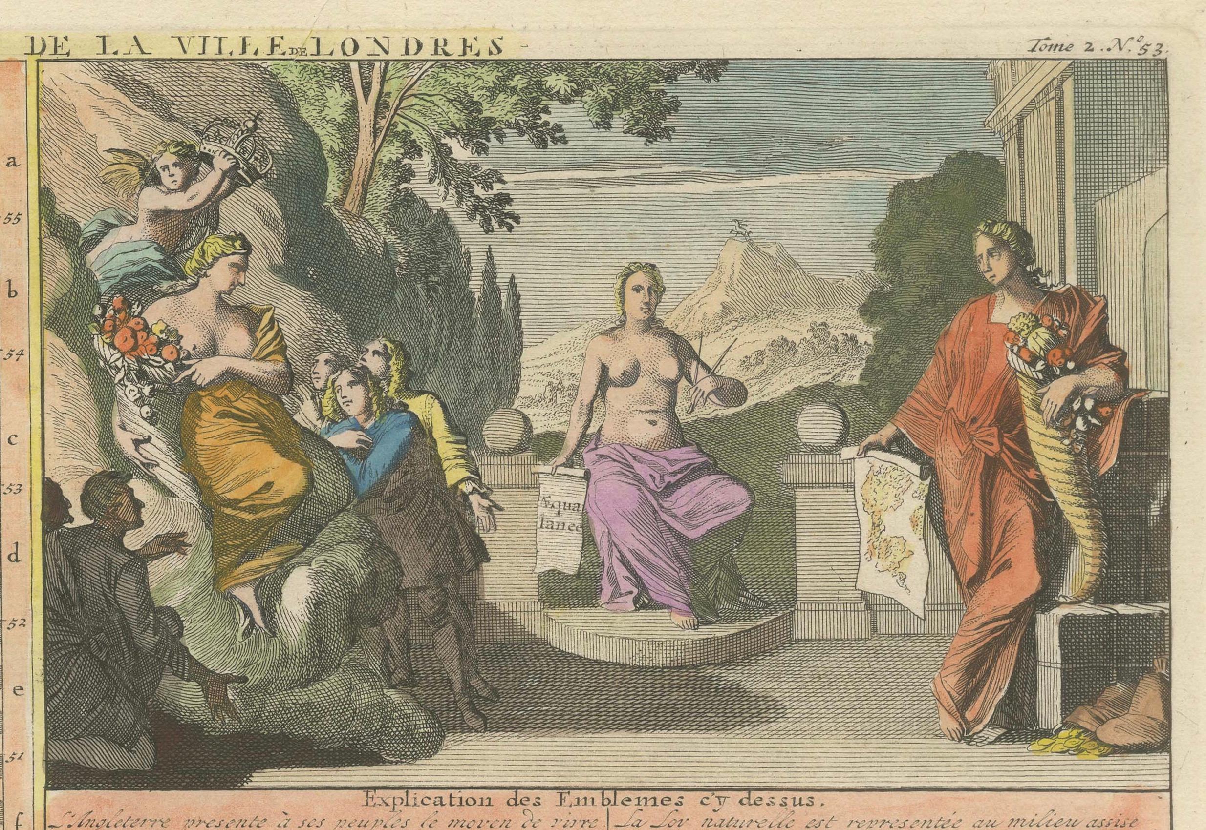 Paper England and London Government Map with Allegorical Vignettes, ca. 1720 For Sale