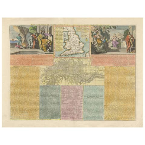 England and London Government Map with Allegorical Vignettes, ca. 1720
