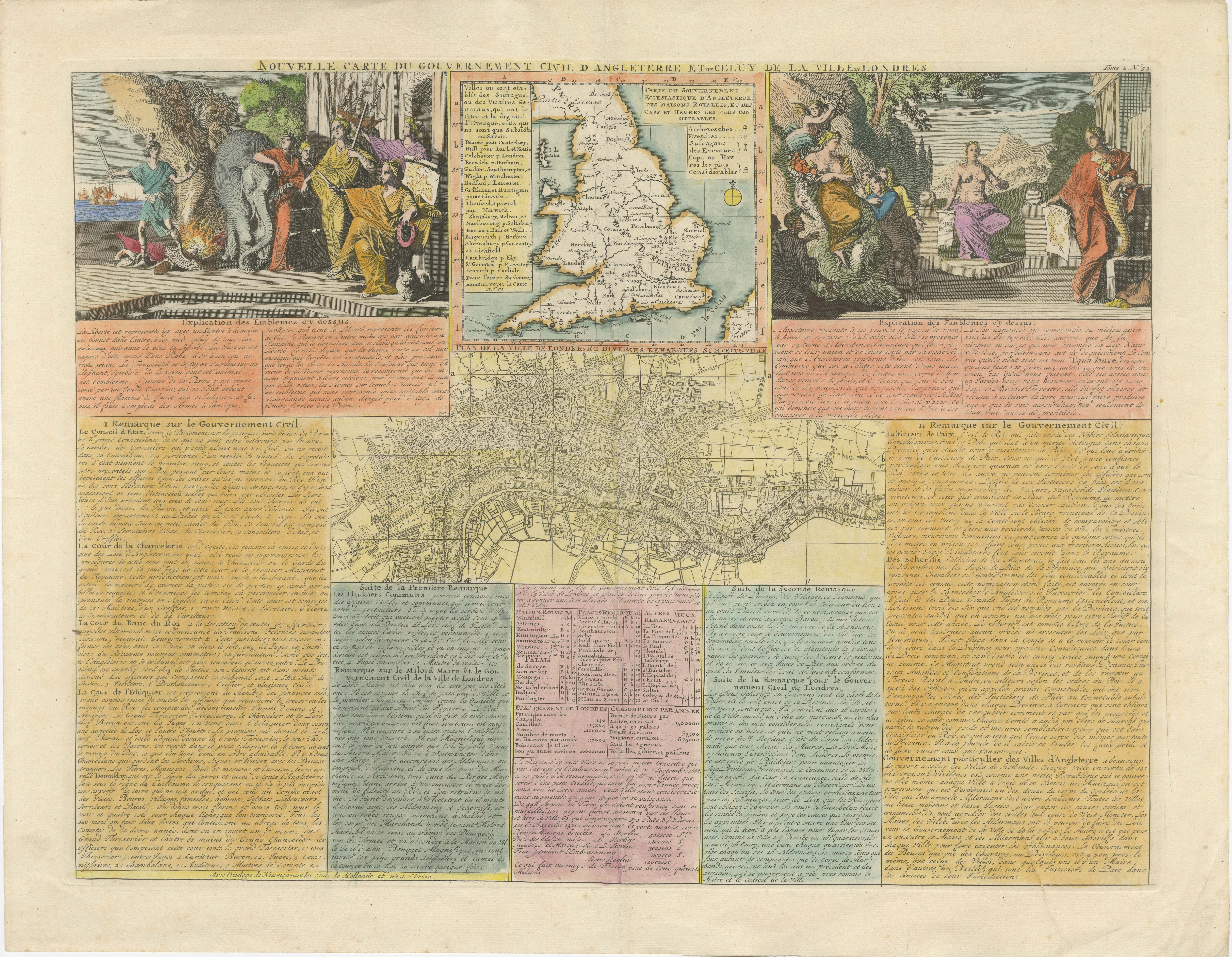 England and London Government Map with Allegorical Vignettes, ca. 1720 For Sale