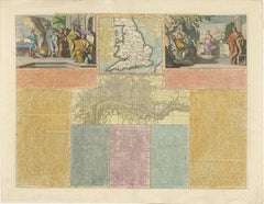 England and London Government Map with Allegorical Vignettes, ca. 1720