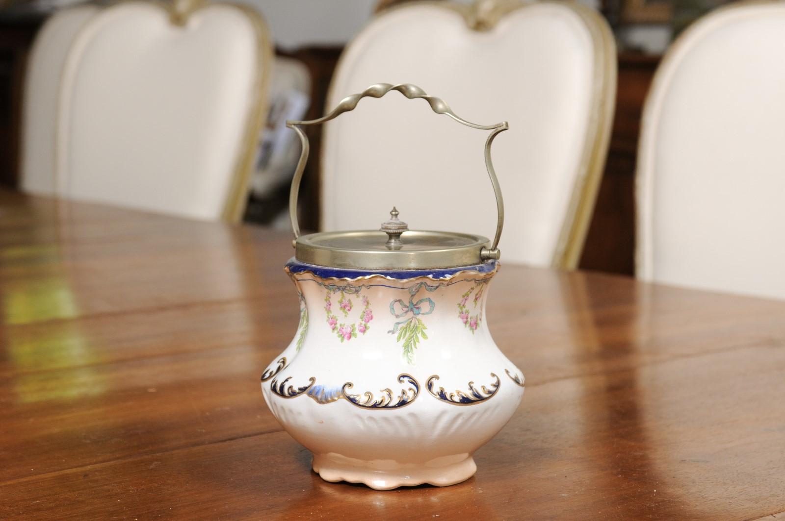 England Crescent Ware 1890s Porcelain Pot with Floral Motifs and EPNS Lid For Sale 7