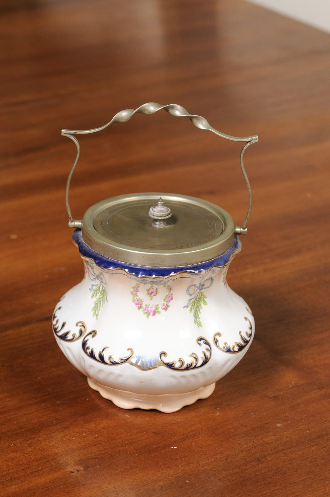 England Crescent Ware 1890s Porcelain Pot with Floral Motifs and EPNS Lid For Sale 3
