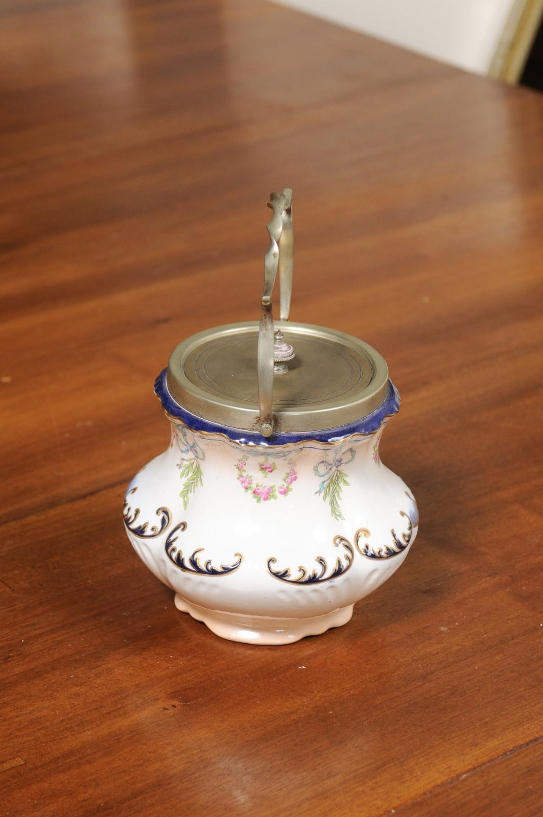 England Crescent Ware 1890s Porcelain Pot with Floral Motifs and EPNS Lid For Sale 4